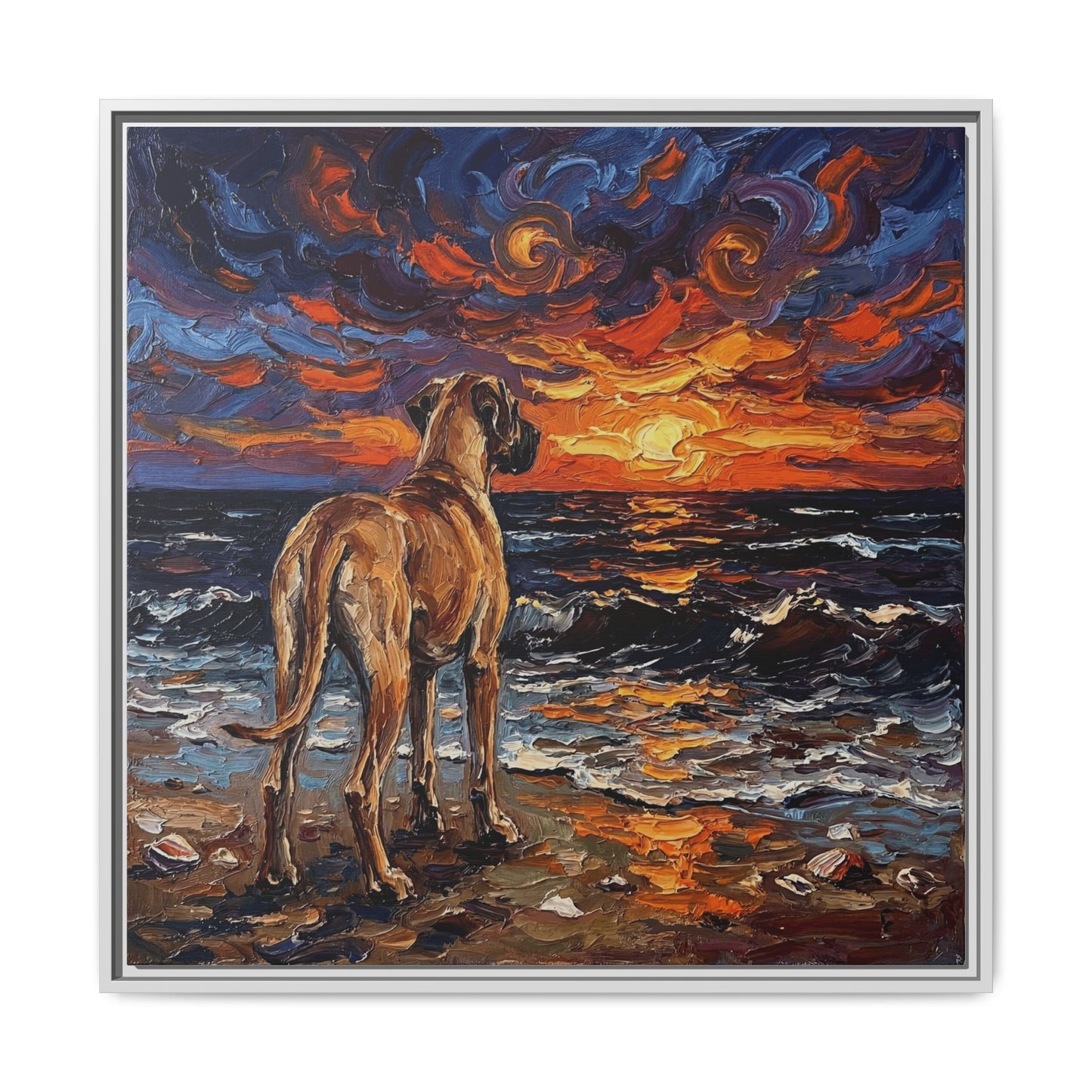 "Beach Sunset - Fawn Great Dane" Framed Canvas Wall Art