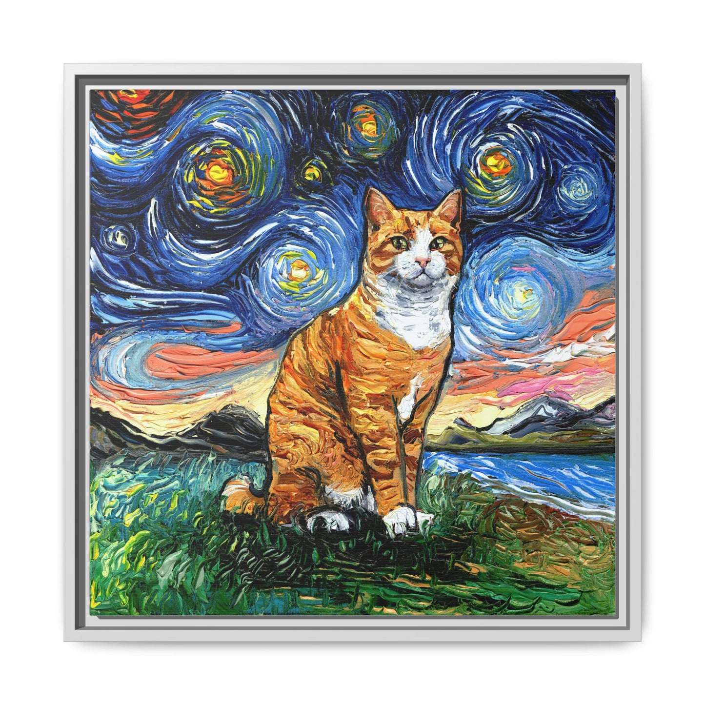 "Orange Tuxedo Tabby Night" Framed Canvas Wall Art