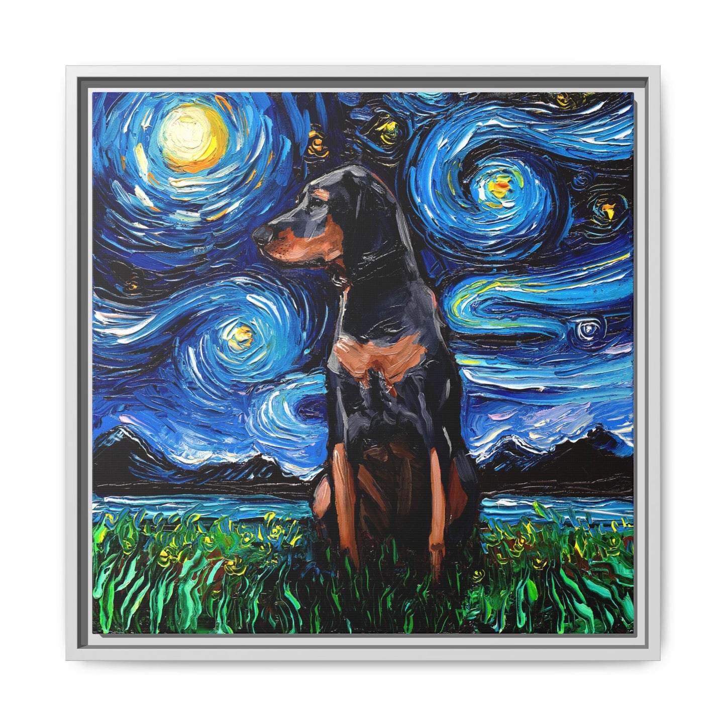 "Black and Tan Coonhound Night" Framed Canvas Wall Art