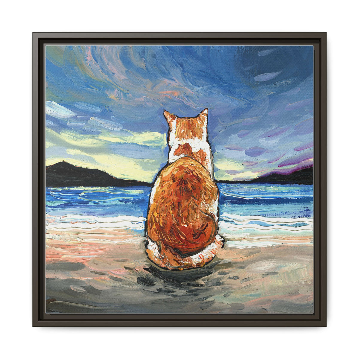 "Beach Day - Orange and White Tabby Cat" Framed Canvas Wall Art