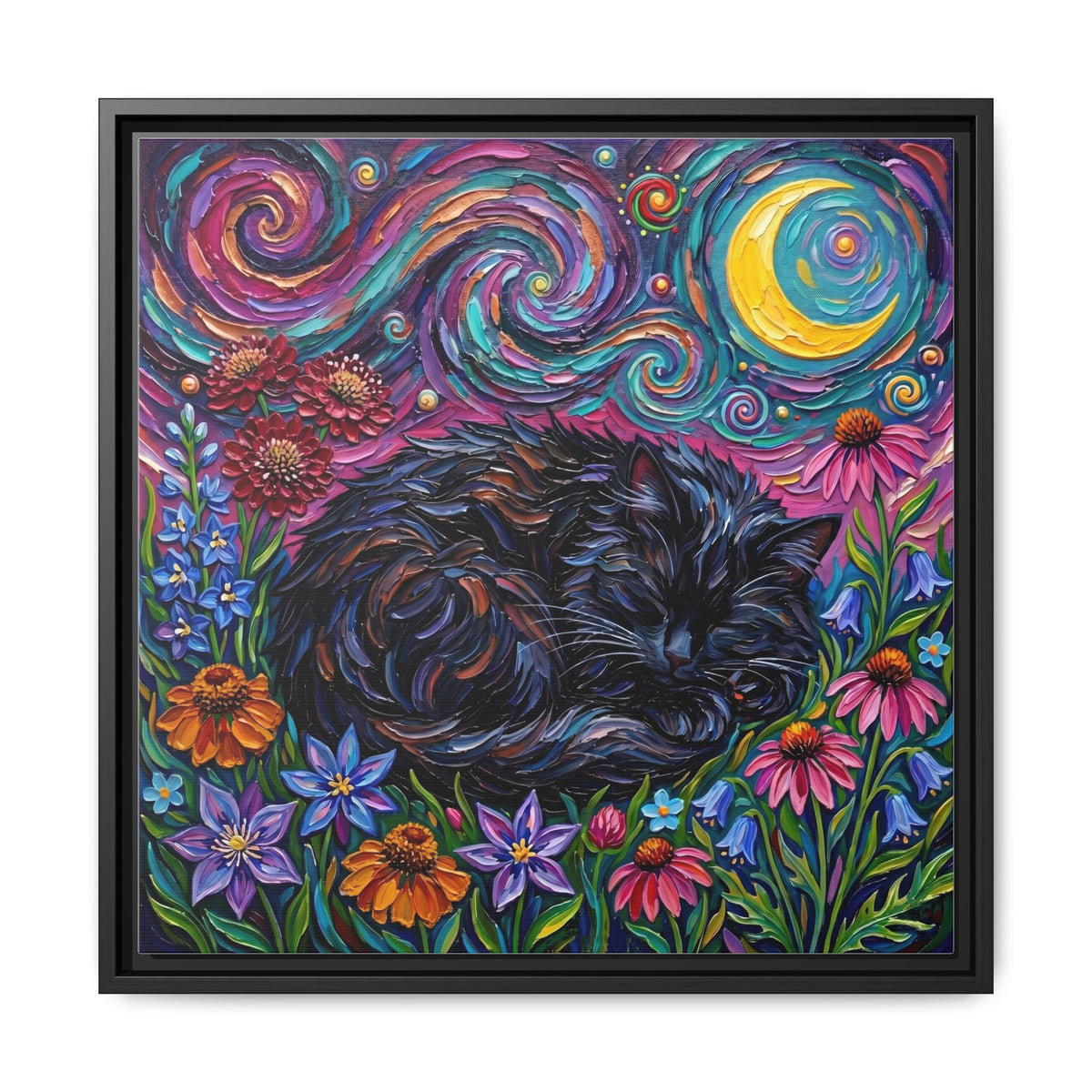 "Amongst The Flowers - Black Cat" Framed Canvas Wall Art
