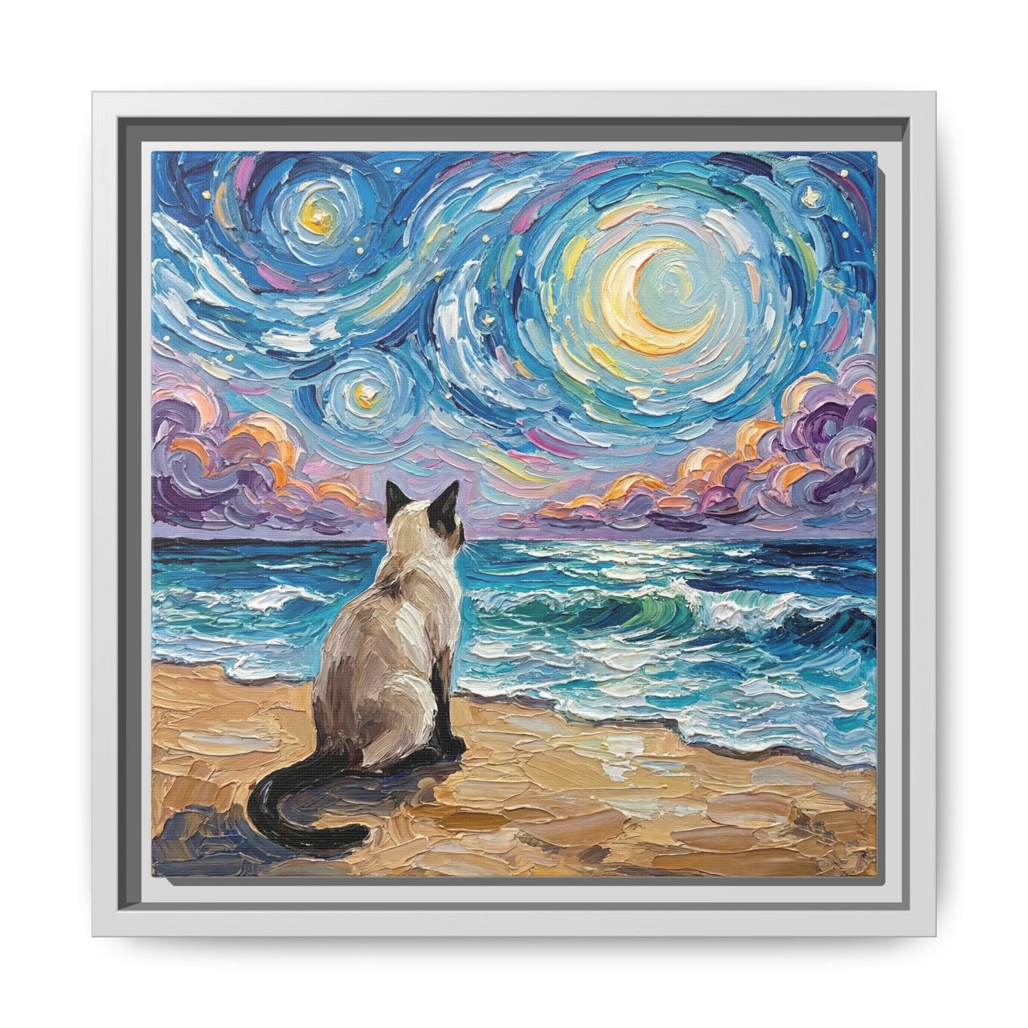 "Beach Night - Siamese Cat" Framed Canvas Wall Art