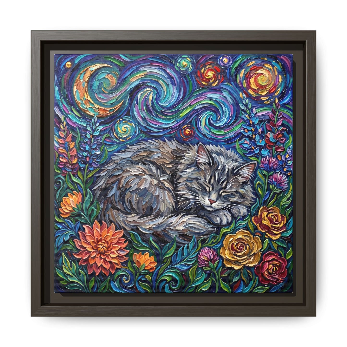 "Amongst The Flowers - Gray Domestic Long Haired Cat" Framed Canvas Wall Art