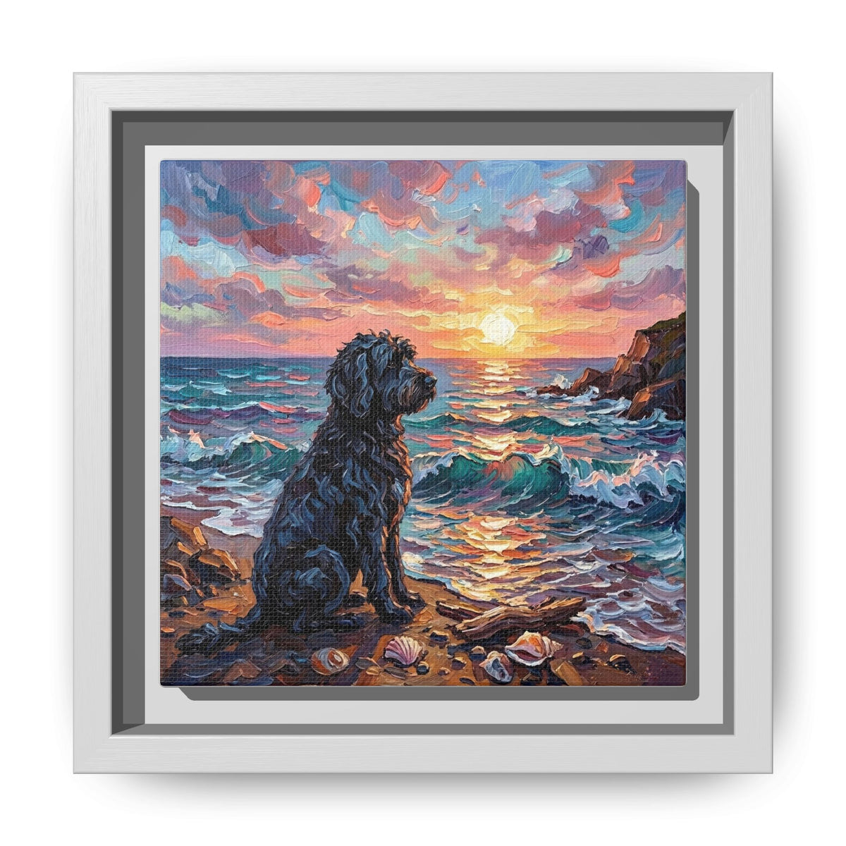 "Beach Days - Portuguese Water Dog" Framed Canvas Wall Art
