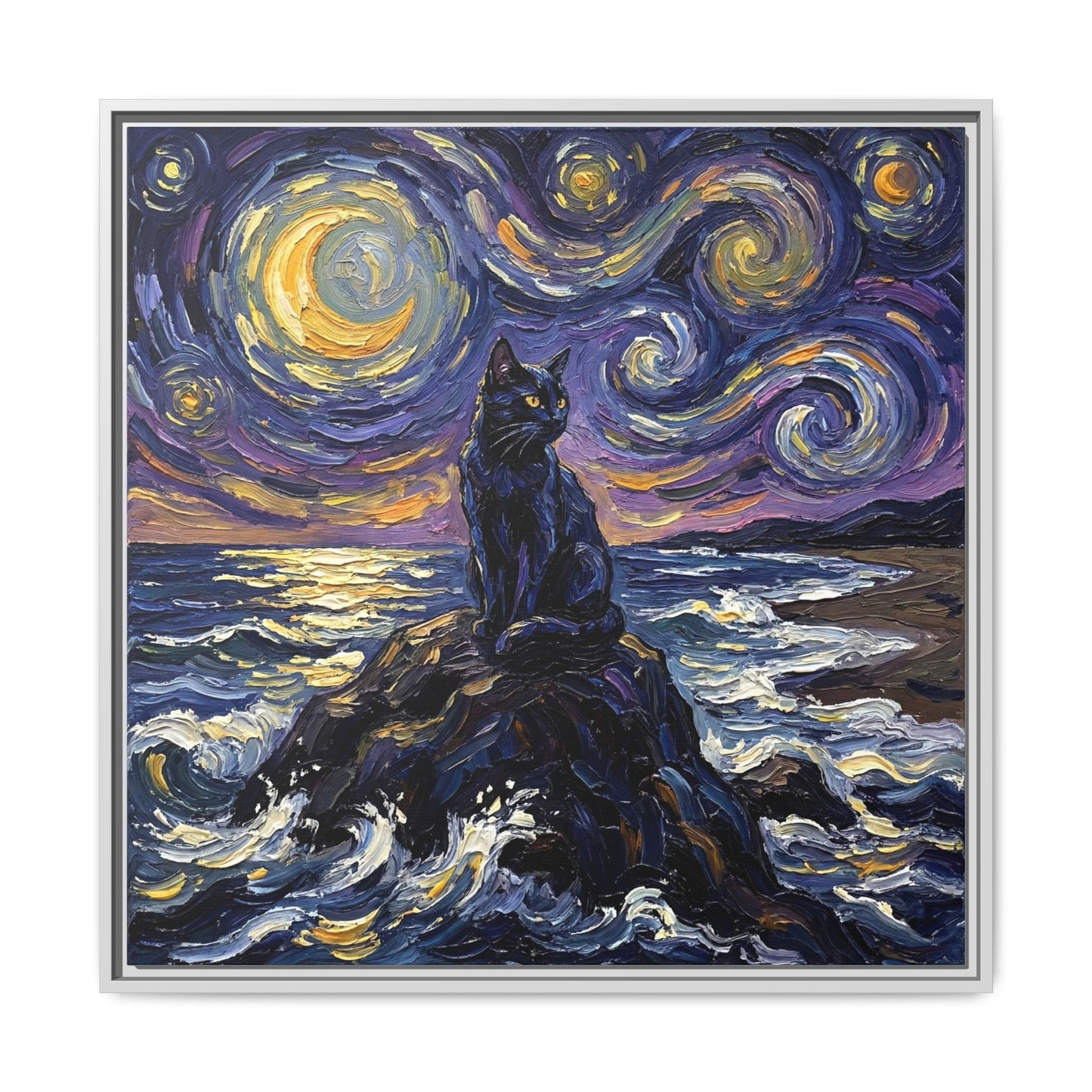 "Beach Night - Black Cat" Framed Canvas Wall Art