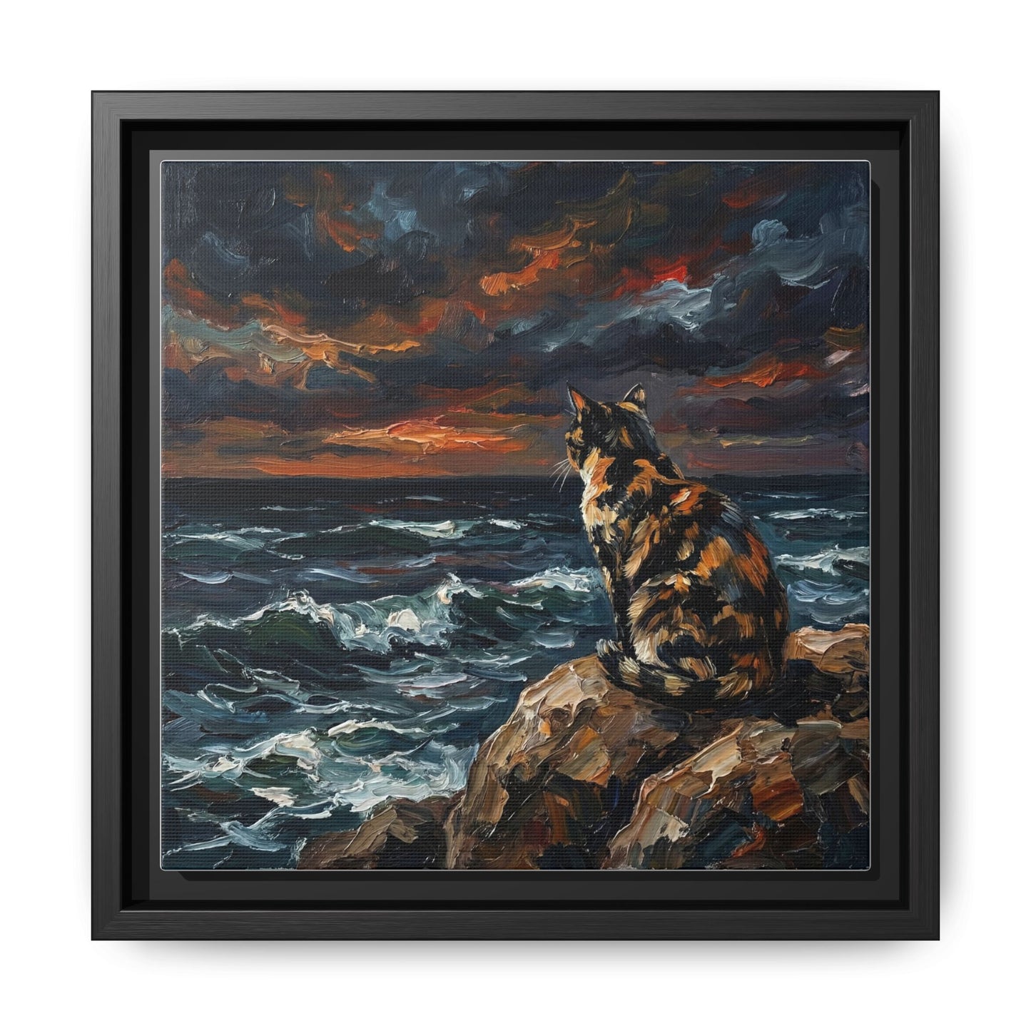 "Beach Night - Tortie Cat" Framed Canvas Wall Art