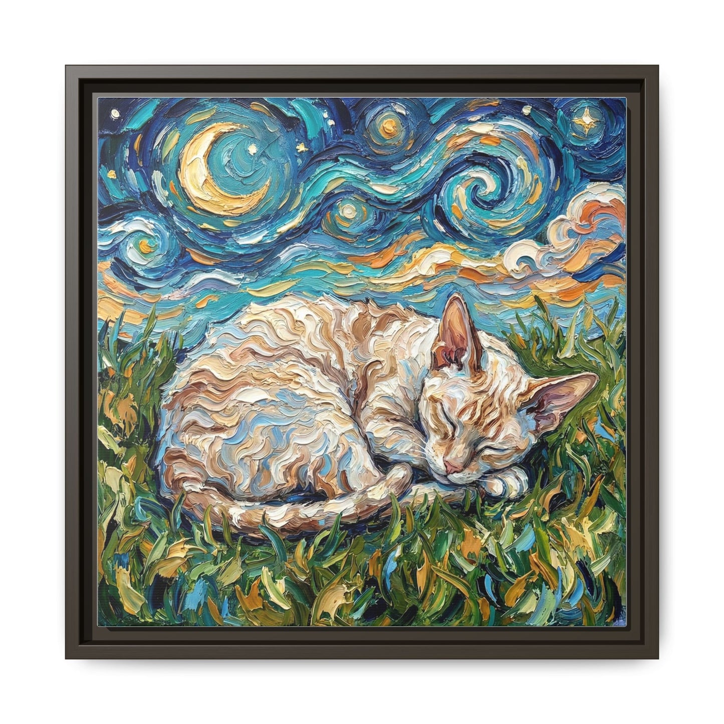 "Sleepy Cornish Rex Night" Framed Canvas Wall Art