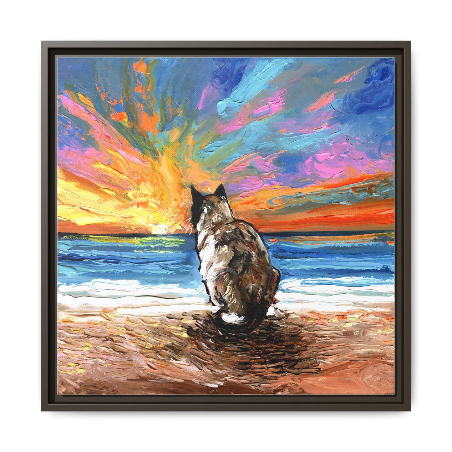 "Beach Day - Snowshoe Cat" Framed Canvas Wall Art