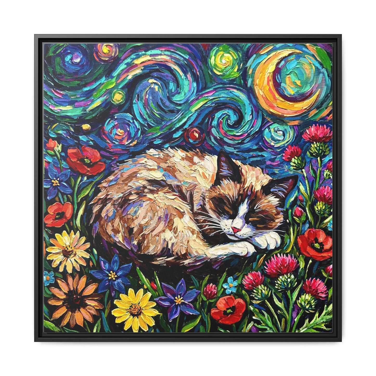 "Sleepy Snowshoe Cat Night" Framed Canvas Wall Art