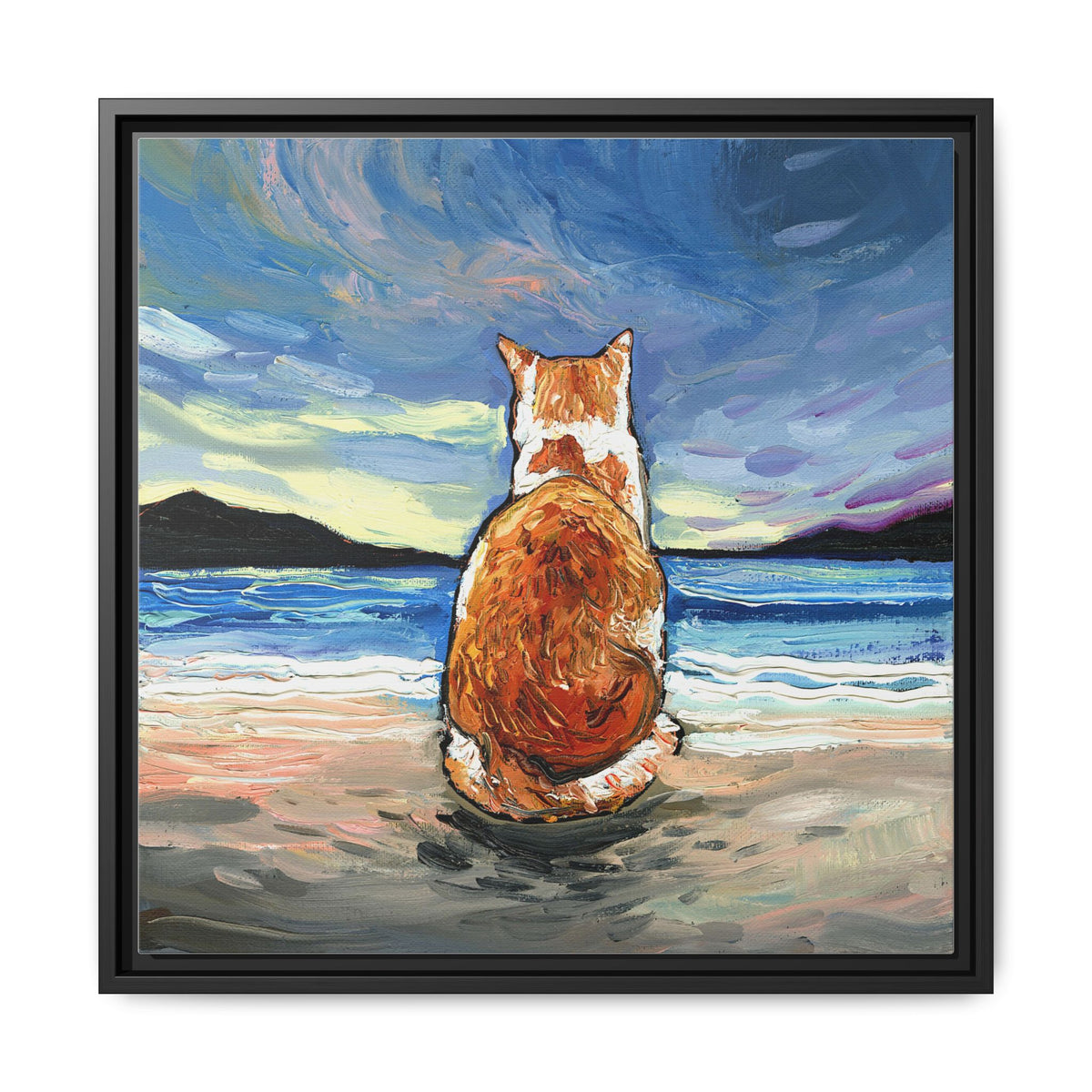"Beach Day - Orange and White Tabby Cat" Framed Canvas Wall Art
