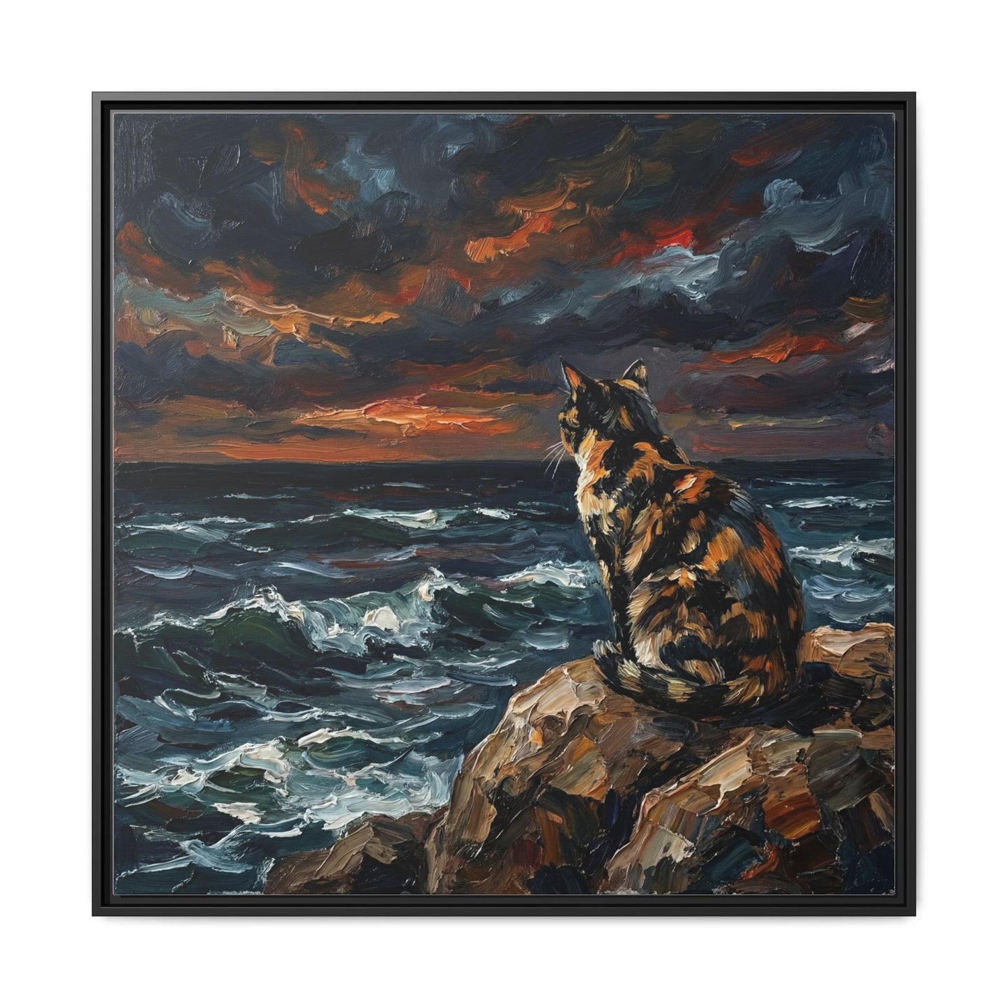 "Beach Night - Tortie Cat" Framed Canvas Wall Art