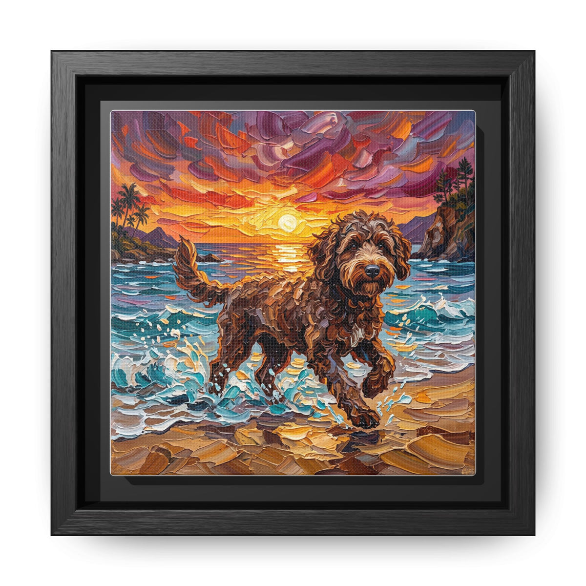 "Beach Day - Brown Goldendoodle" Framed Canvas Wall Art