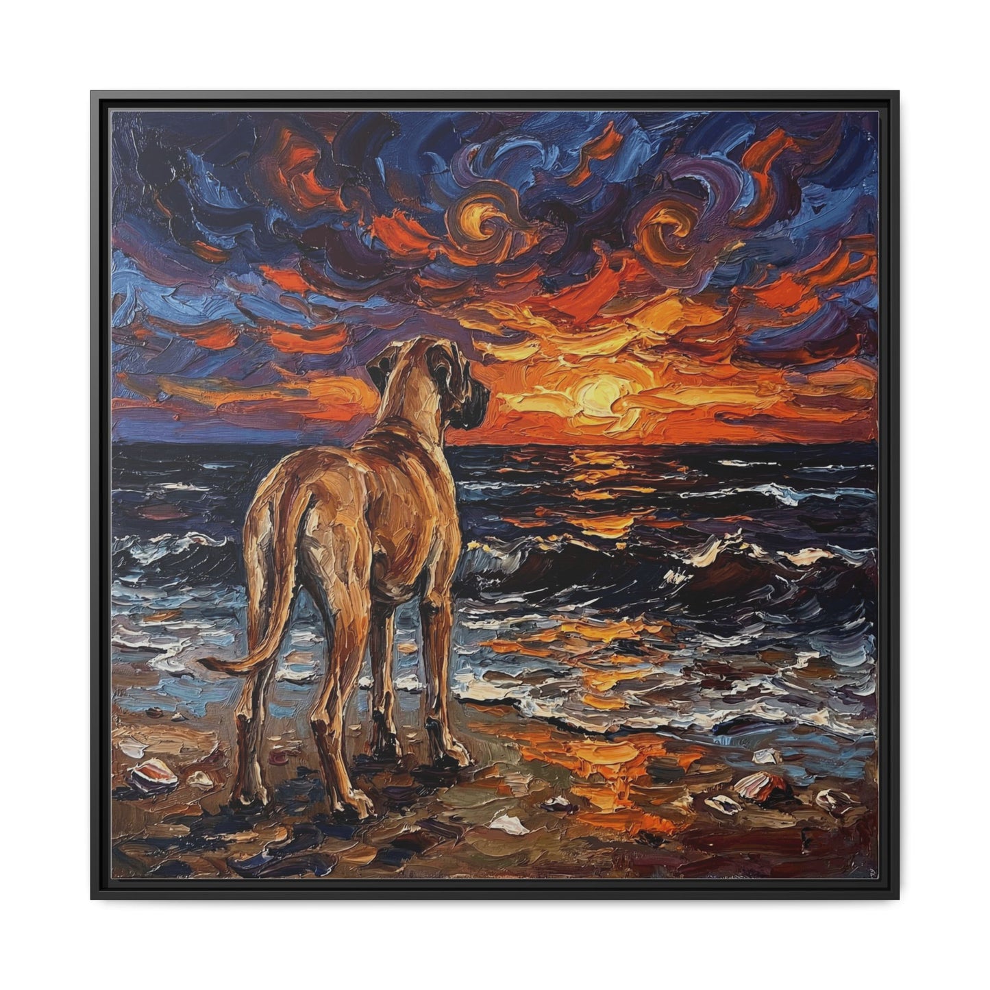 "Beach Sunset - Fawn Great Dane" Framed Canvas Wall Art