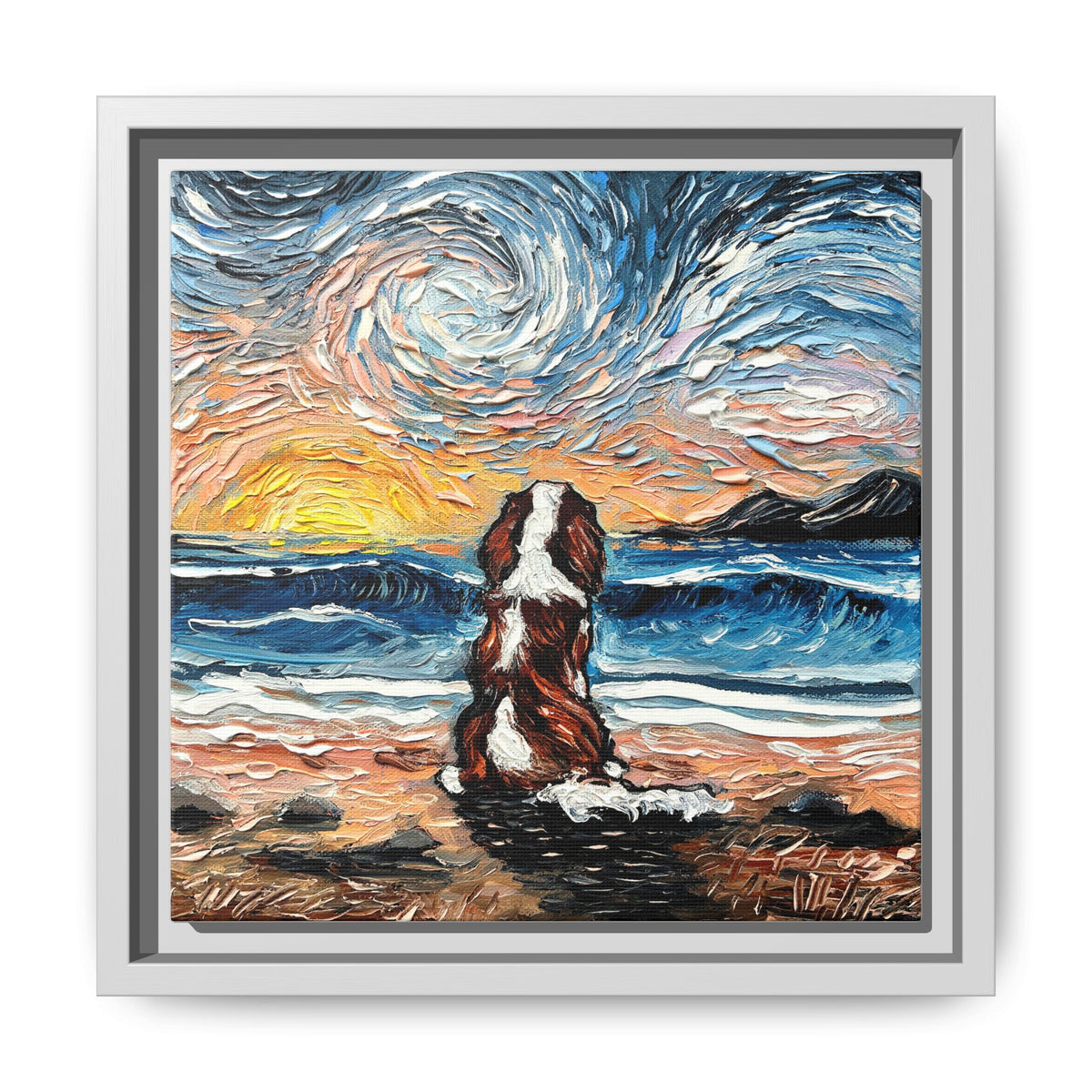 "Beach Days - Blenheim Spaniel" Framed Canvas Wall Art