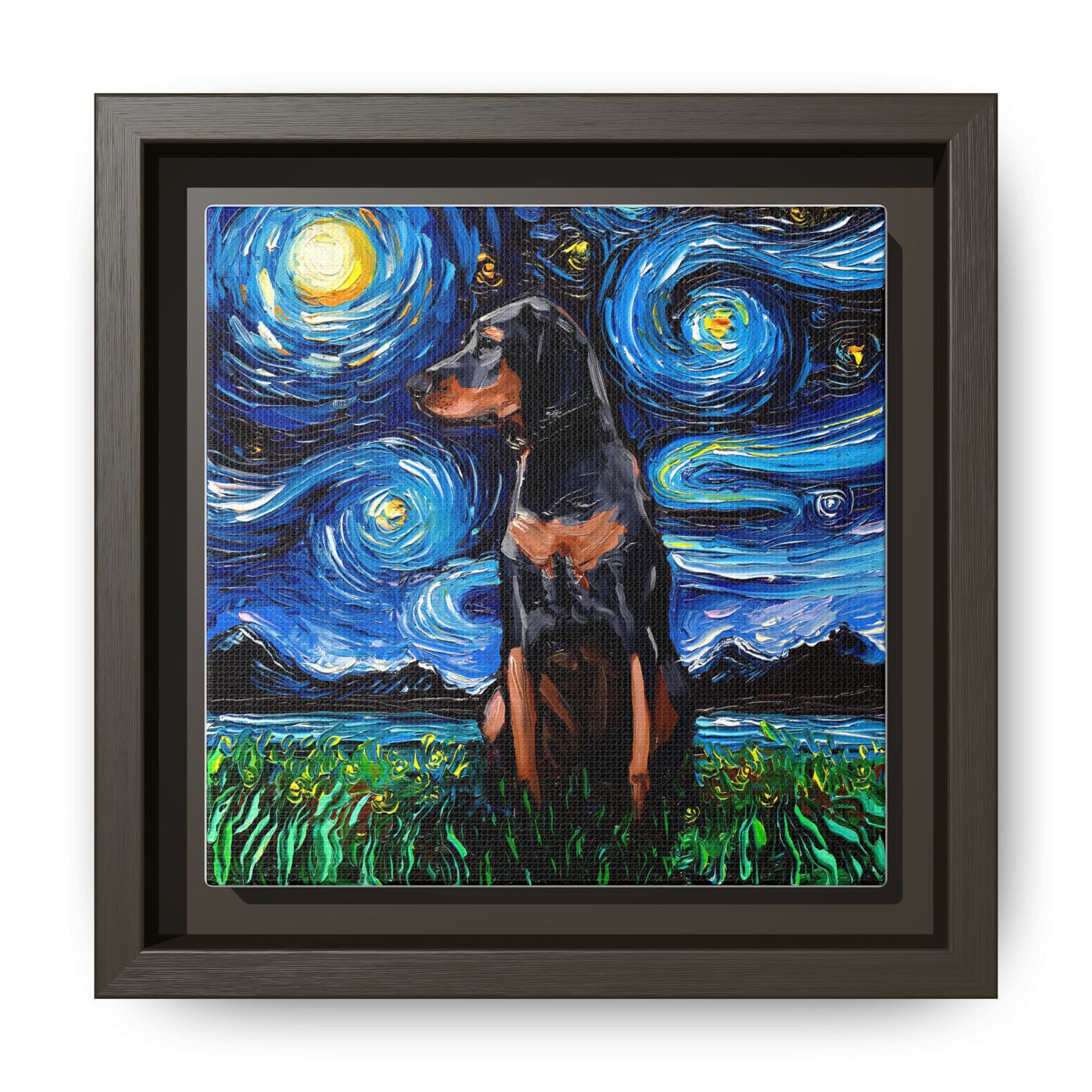 "Black and Tan Coonhound Night" Framed Canvas Wall Art