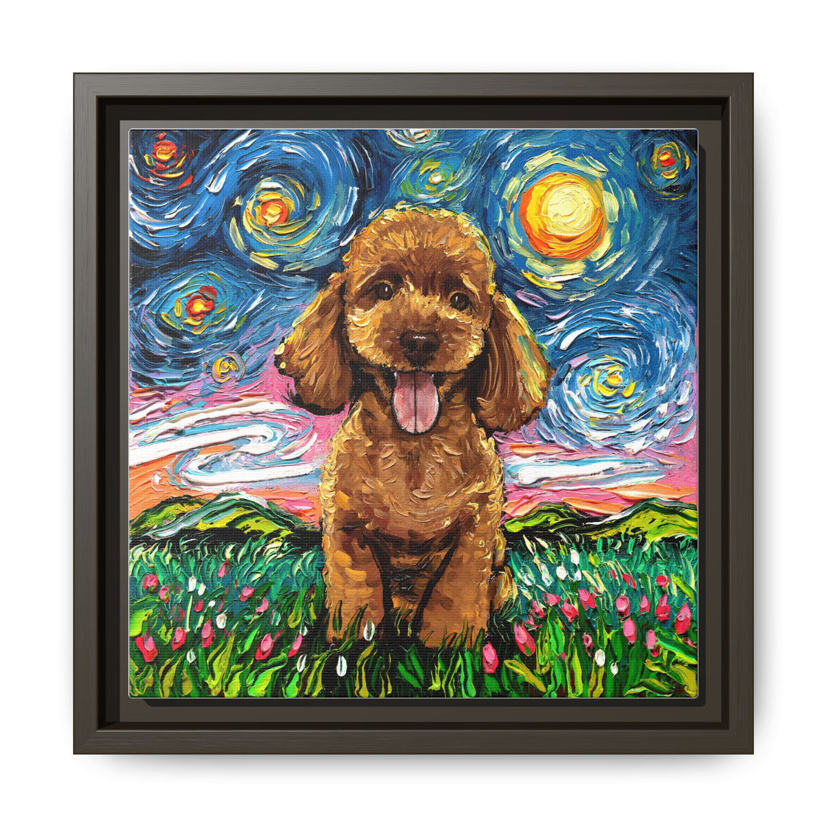 "Apricot Poodle Puppy Night" Framed Canvas Wall Art
