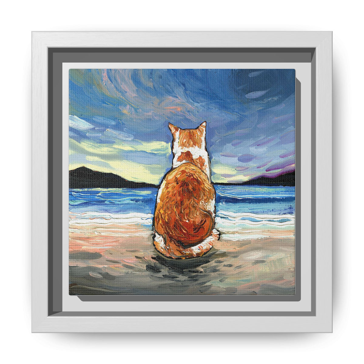 "Beach Day - Orange and White Tabby Cat" Framed Canvas Wall Art