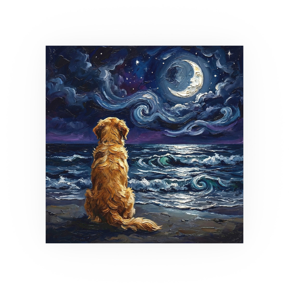 "Beach Night - Golden Retriever" Wall Art Paper Print