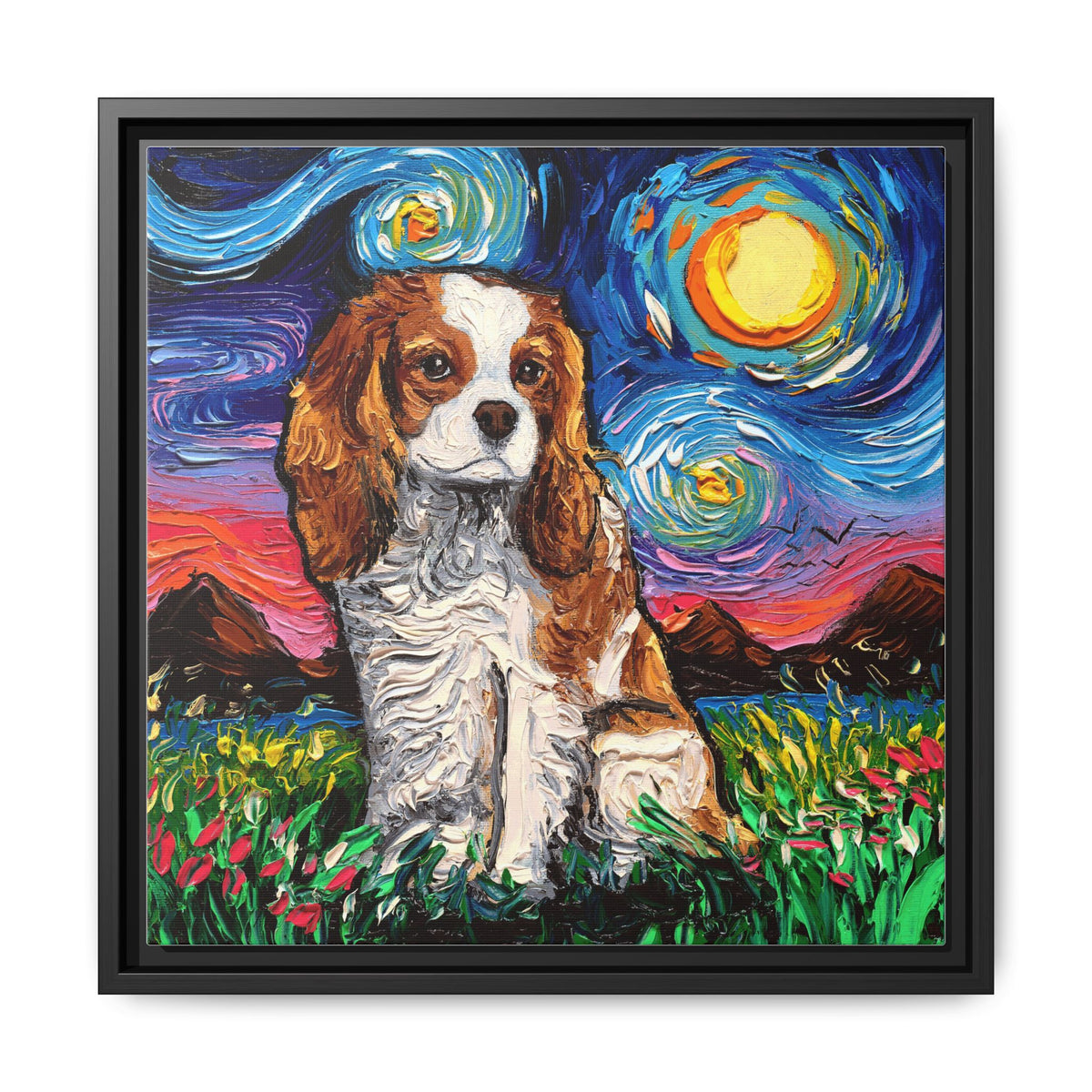 "Blenheim Spaniel Night" Framed Canvas Wall Art
