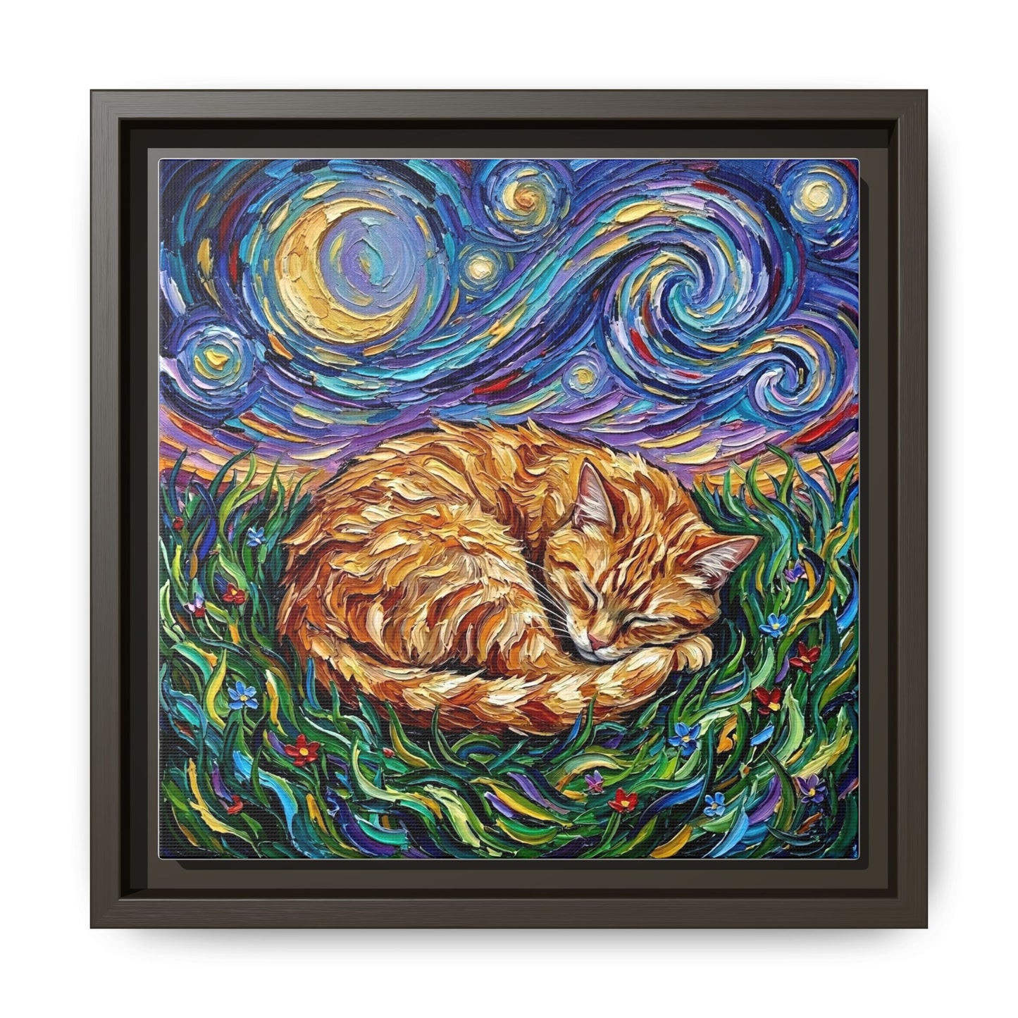 "Sleepy Orange Tabby Night" Framed Canvas Wall Art