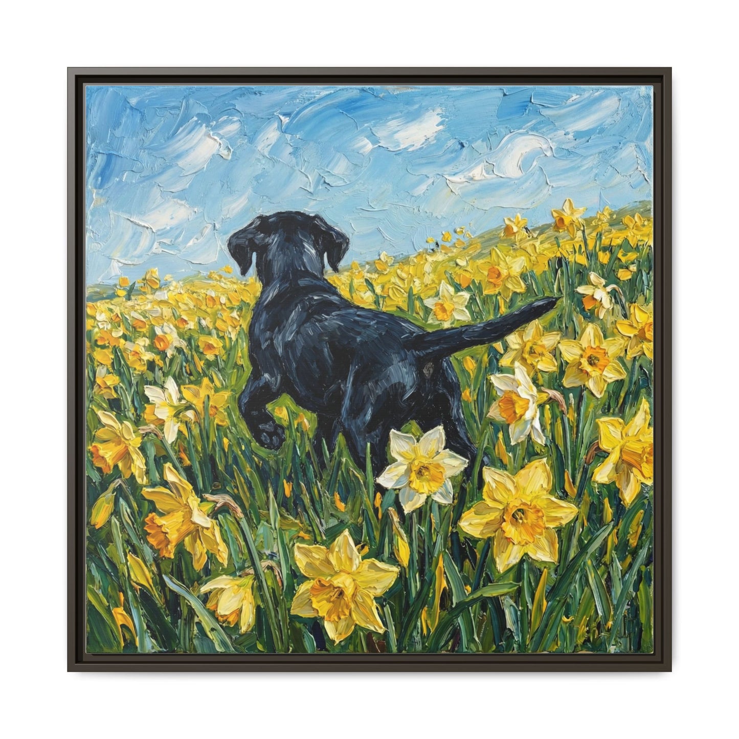 "Amongst The Flowers - Black Labrador" Framed Canvas Wall Art