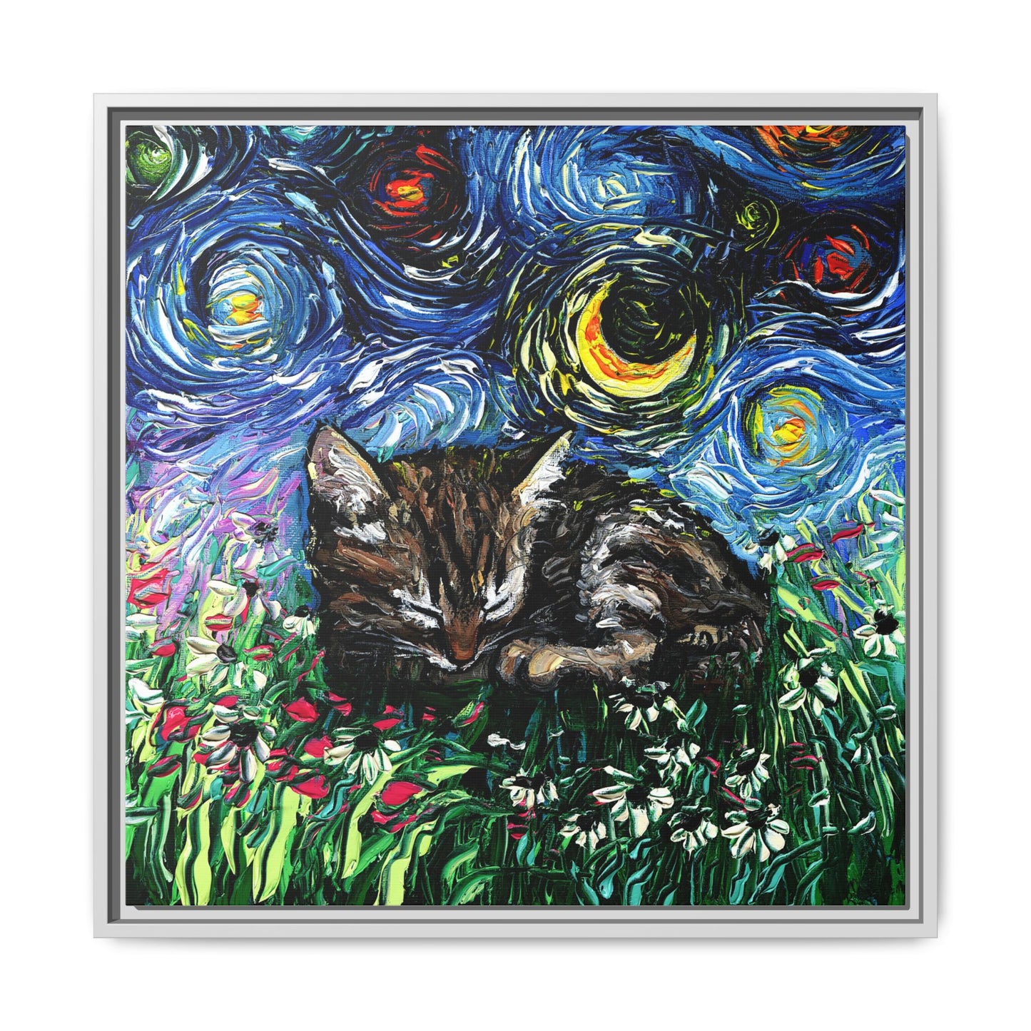 "Sleepy Tabby Kitten Night" Framed Canvas Wall Art