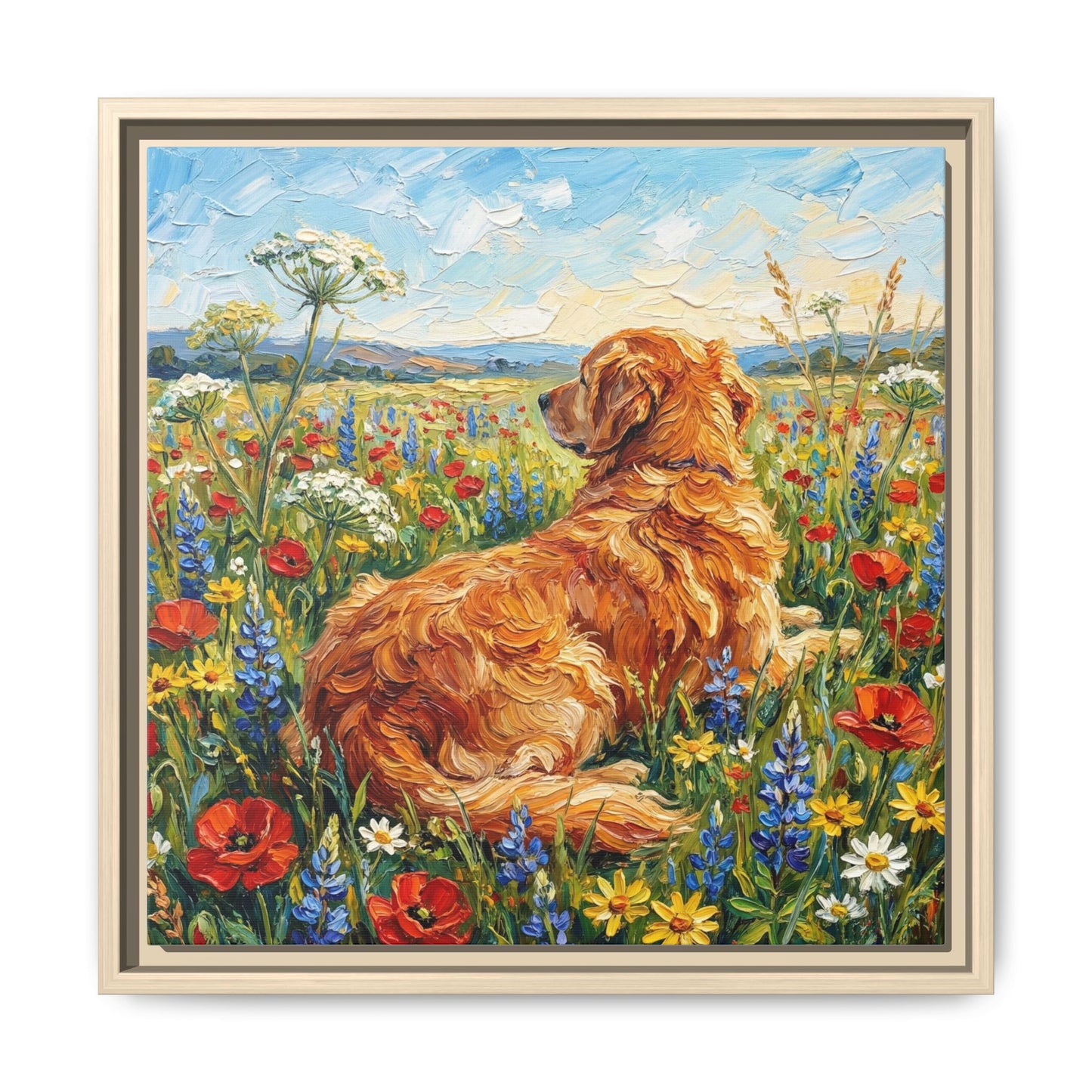 "Amongst The Flowers - Golden Retriever" Framed Canvas Wall Art