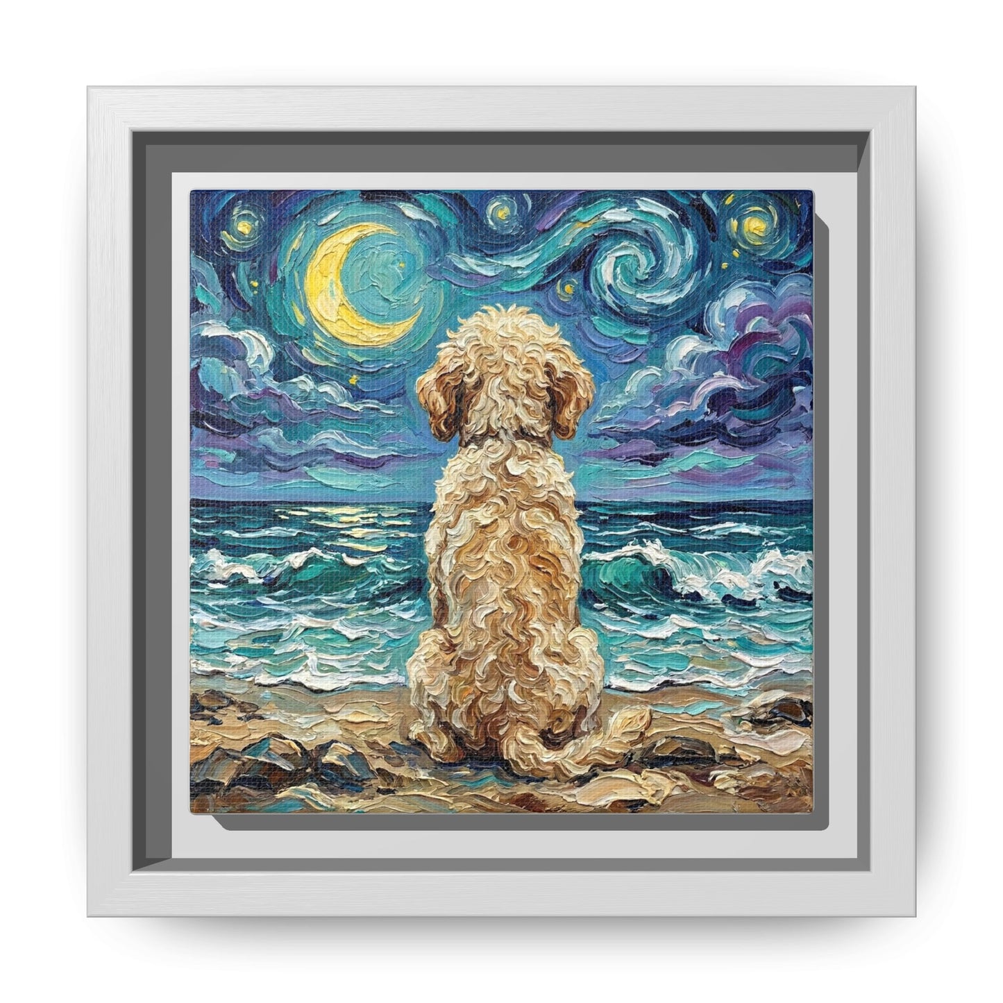 "Beach Nights - Goldendoodle" Framed Canvas Wall Art