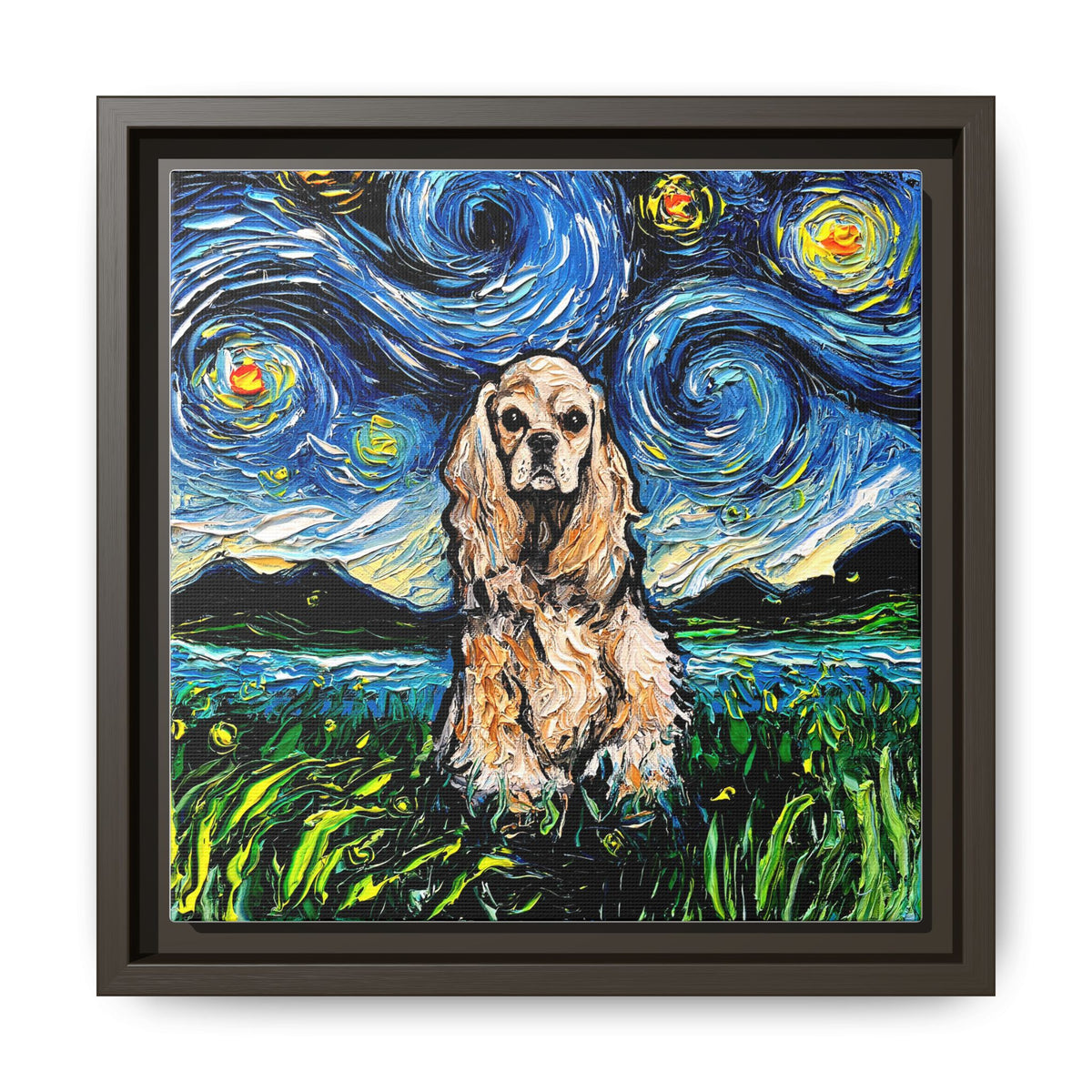 "Buff American Cocker Spaniel Night" Framed Canvas Wall Art