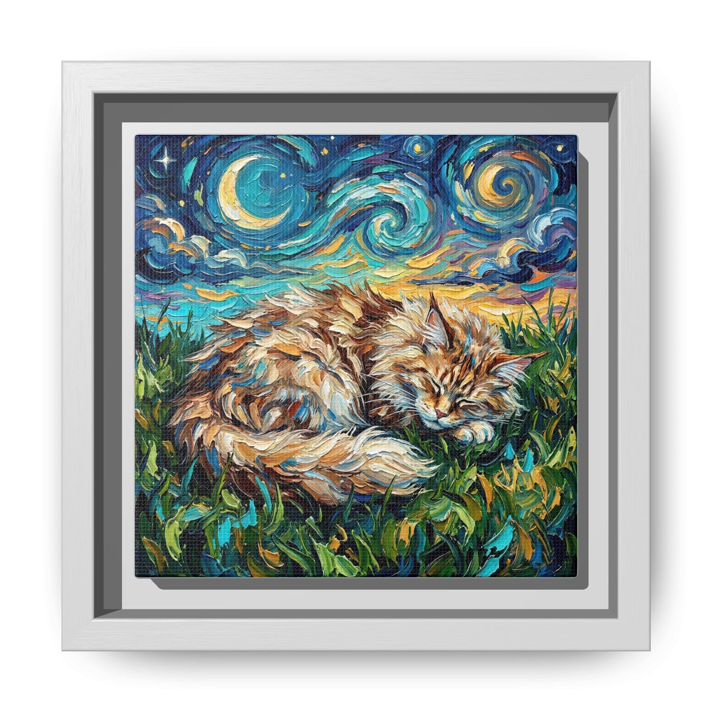 "Sleepy Maine Coon Night" Framed Canvas Wall Art