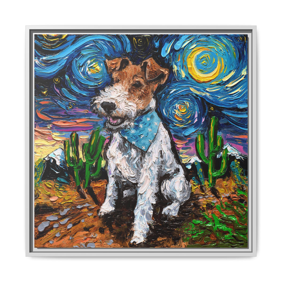 "Wire Fox Terrier Night" Framed Canvas Wall Art