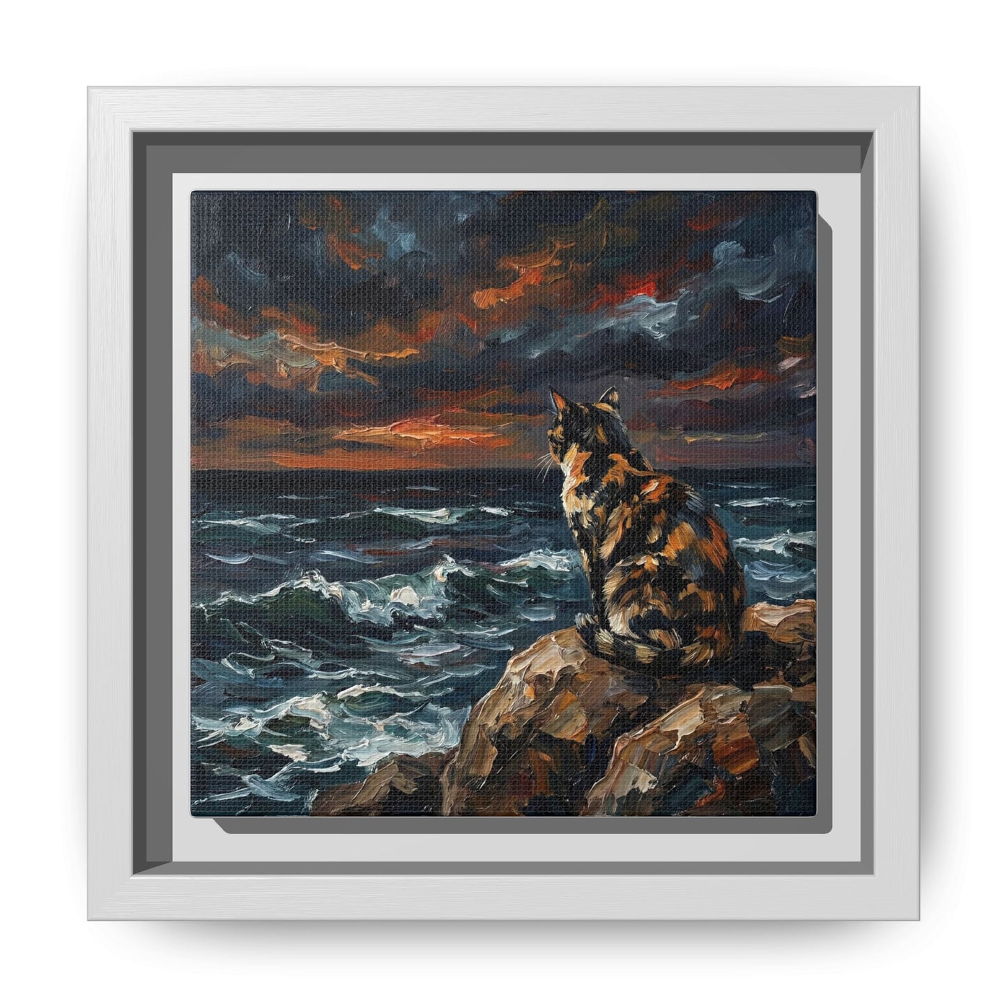 "Beach Night - Tortie Cat" Framed Canvas Wall Art