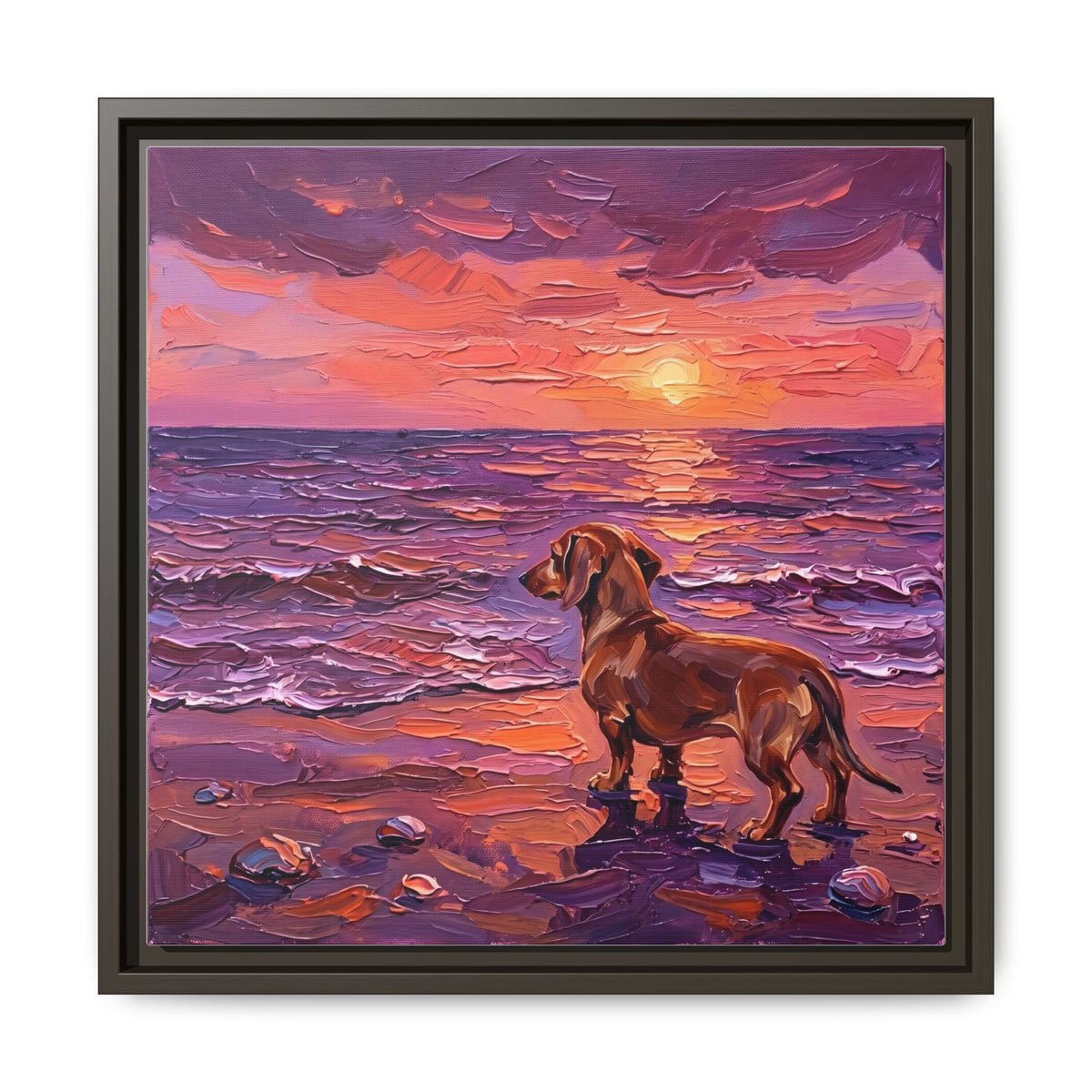 "Beach Day - Brown Dachshund" Framed Canvas Wall Art