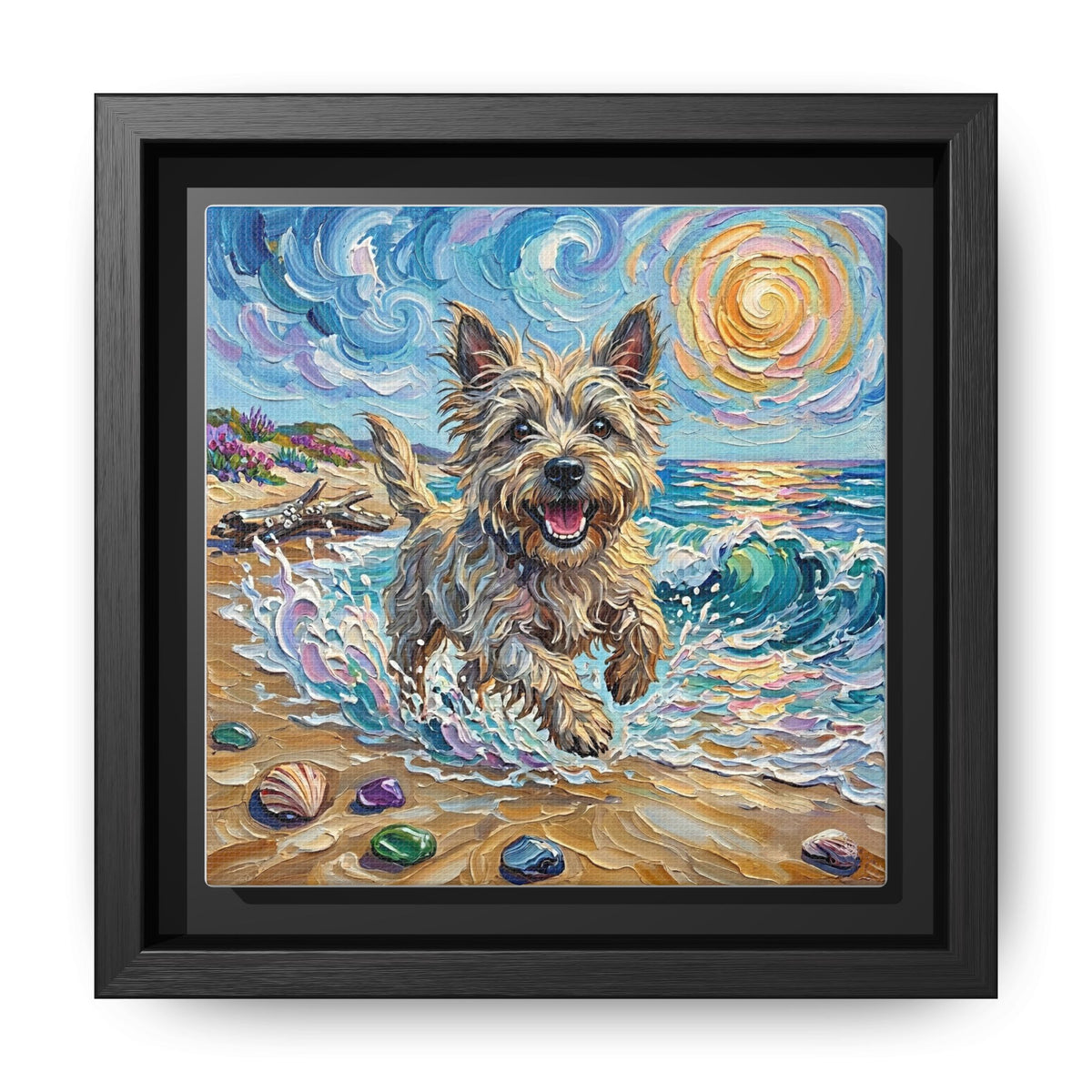 "Beach Days - Cairn Terrier" Framed Canvas Wall Art
