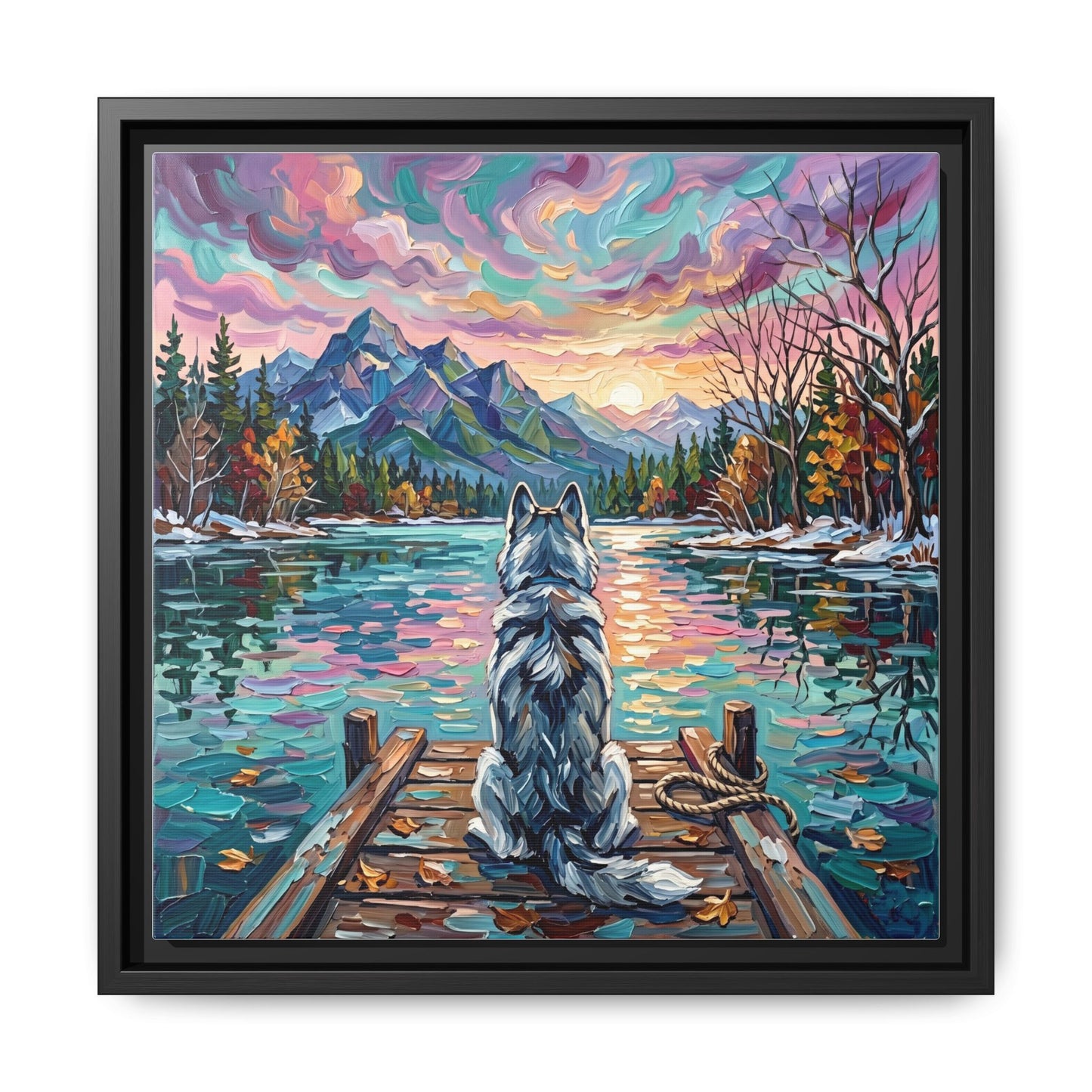 "On The Dock - Husky" Framed Canvas Wall Art