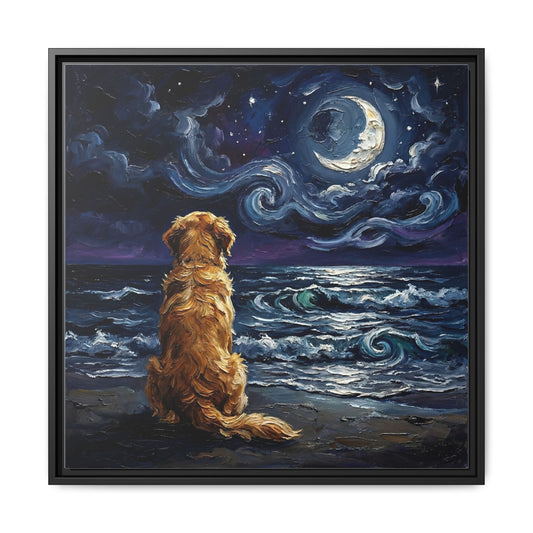 "Beach Night - Golden Retriever" Framed Canvas Wall Art
