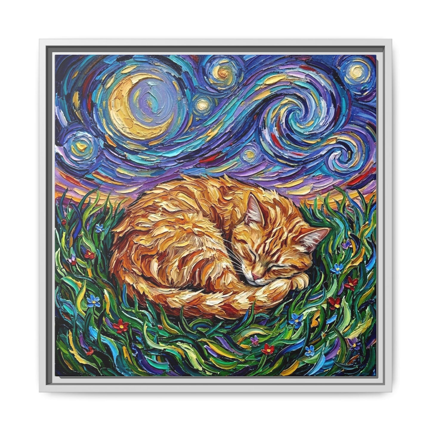 "Sleepy Orange Tabby Night" Framed Canvas Wall Art