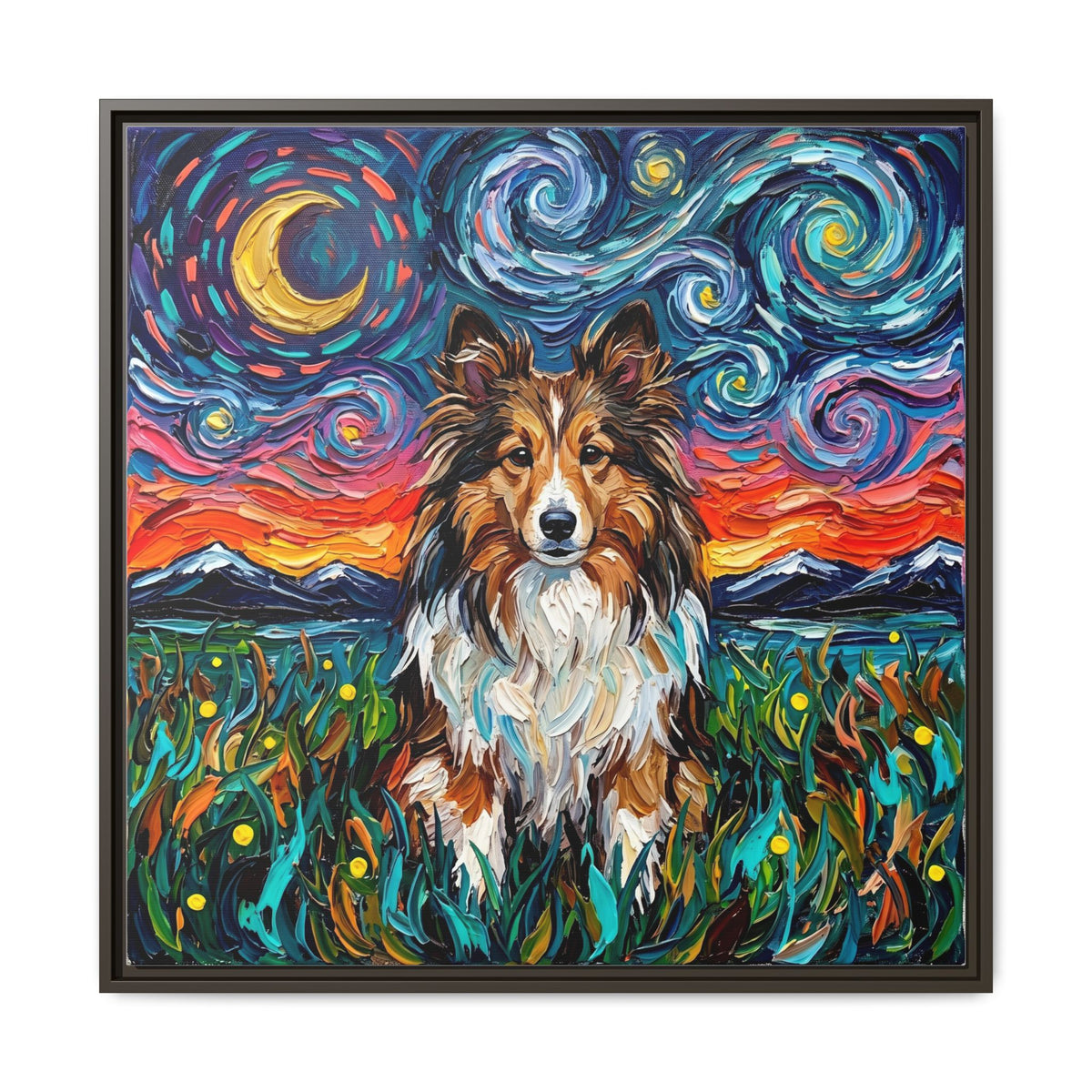 "Sheltie Night 2" Framed Canvas Wall Art