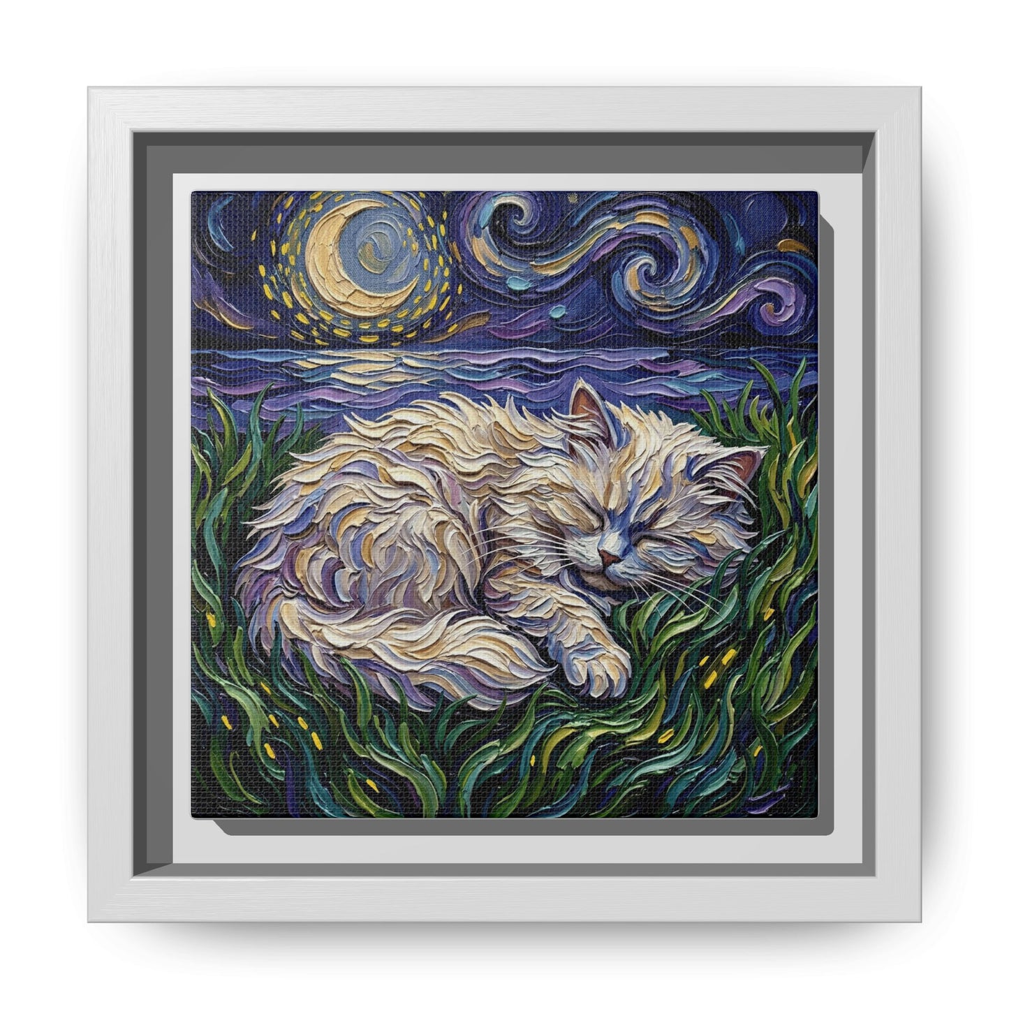 "Sleepy White Persian Night" Framed Canvas Wall Art