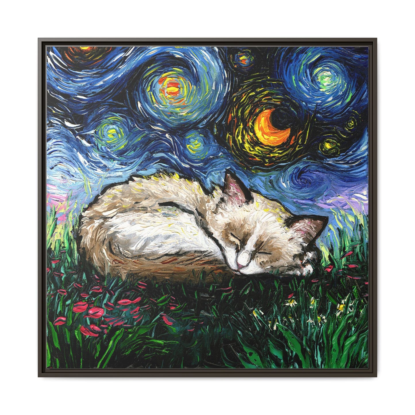 "Sleepy Ragdoll Kitten Night" Framed Canvas Wall Art