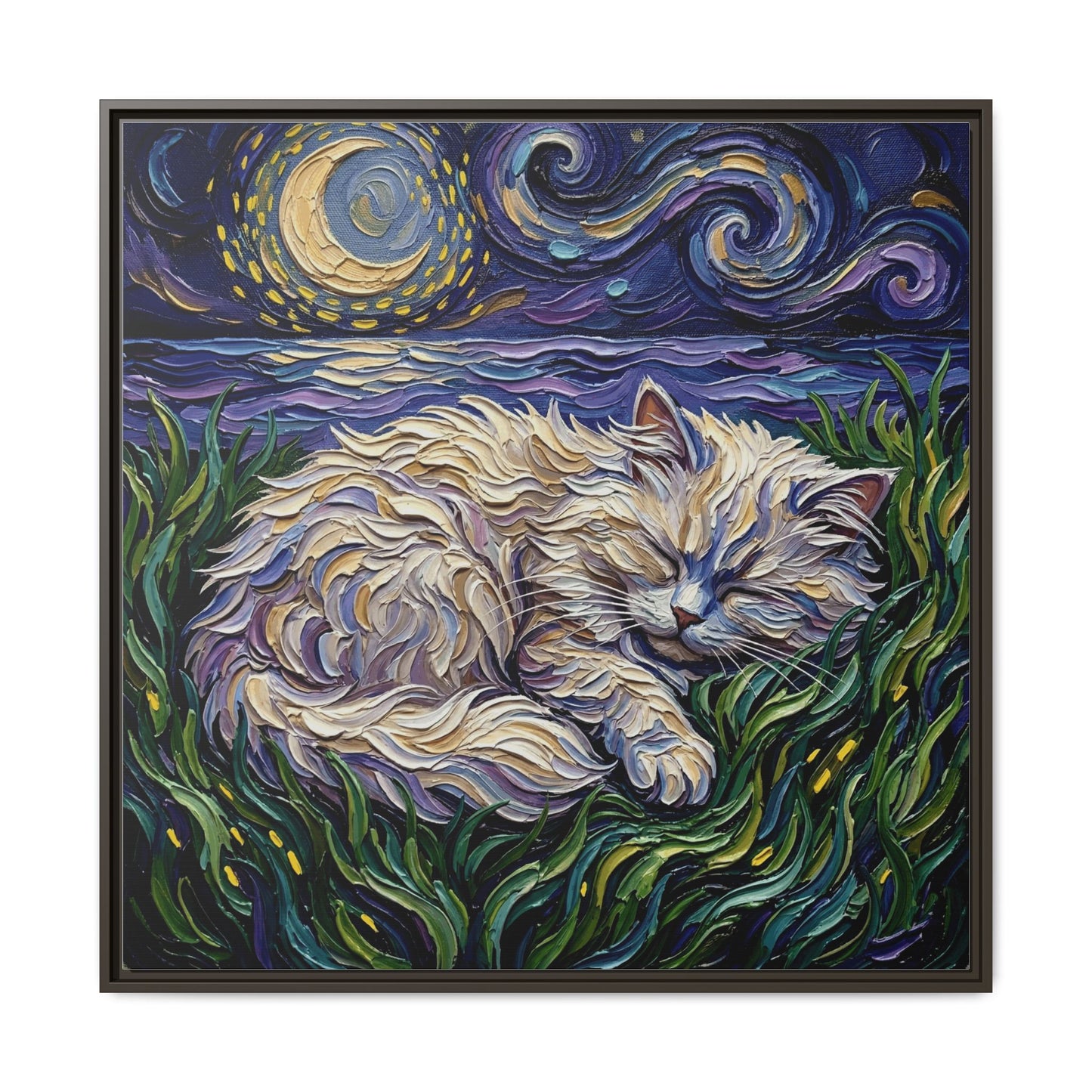 "Sleepy White Persian Night" Framed Canvas Wall Art