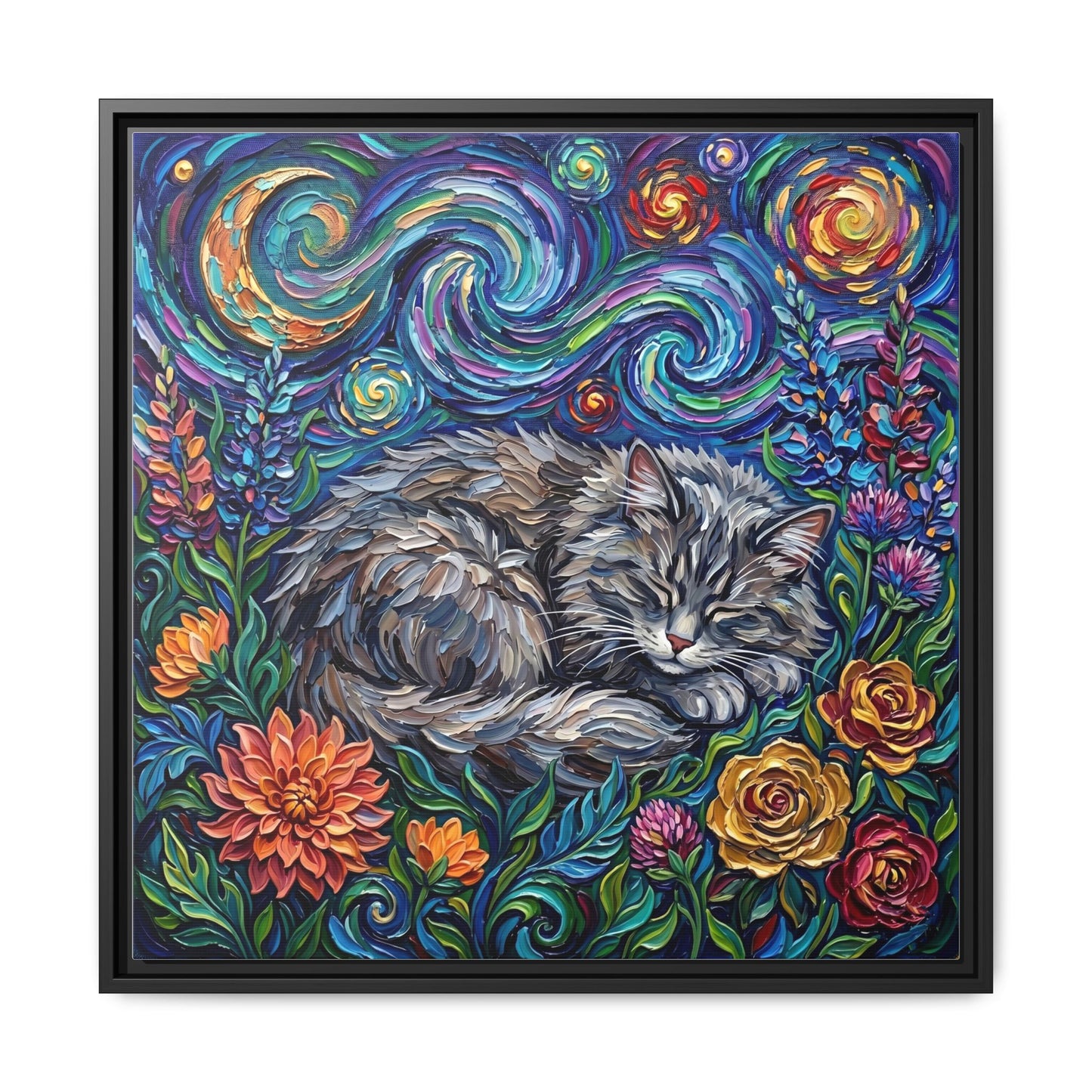 "Amongst The Flowers - Gray Domestic Long Haired Cat" Framed Canvas Wall Art