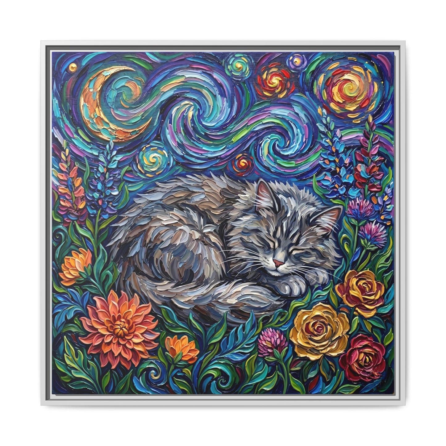 "Amongst The Flowers - Gray Domestic Long Haired Cat" Framed Canvas Wall Art