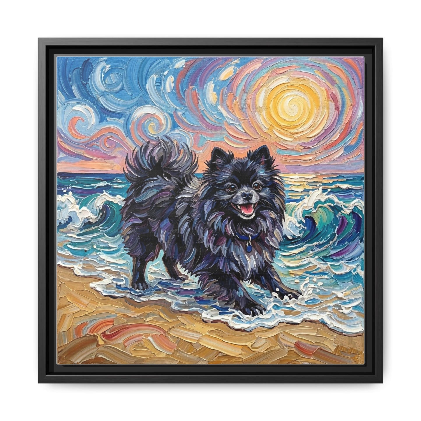 "Beach Day - Black Pomeranian" Framed Canvas Wall Art