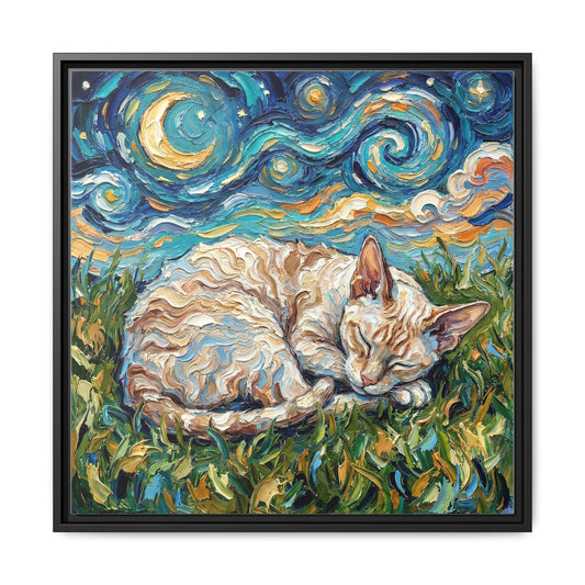 "Sleepy Cornish Rex Night" Framed Canvas Wall Art