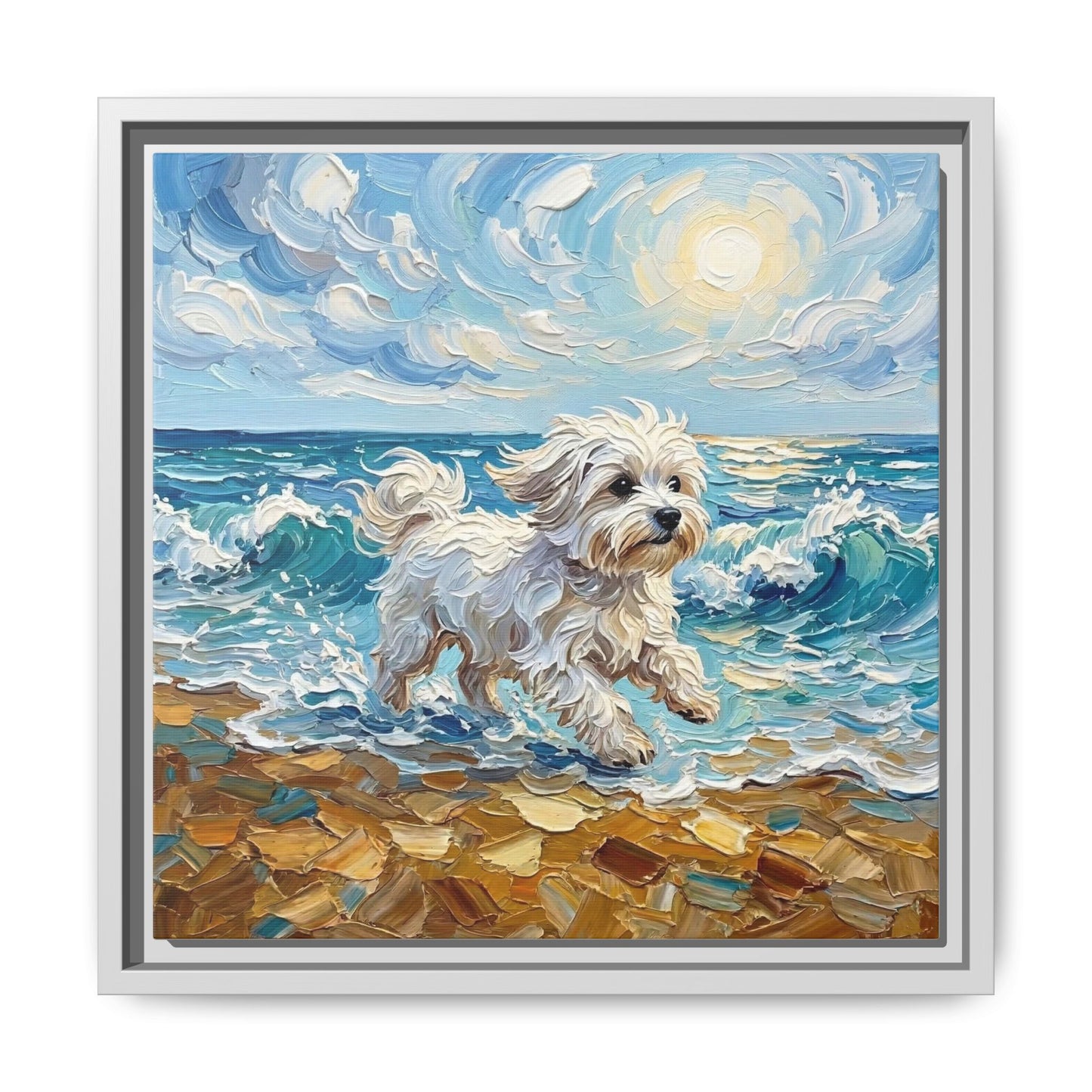 "Beach Day - Maltese" Framed Canvas Wall Art