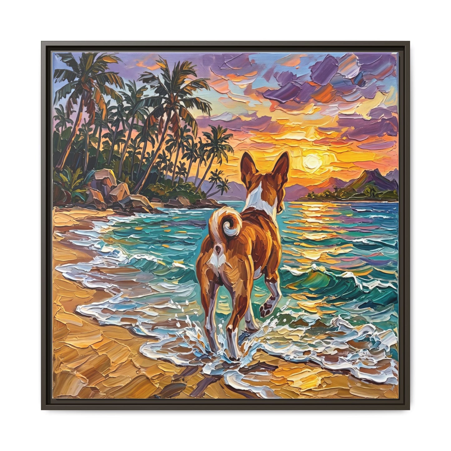 "Beach Day - Basenji" Framed Canvas Wall Art