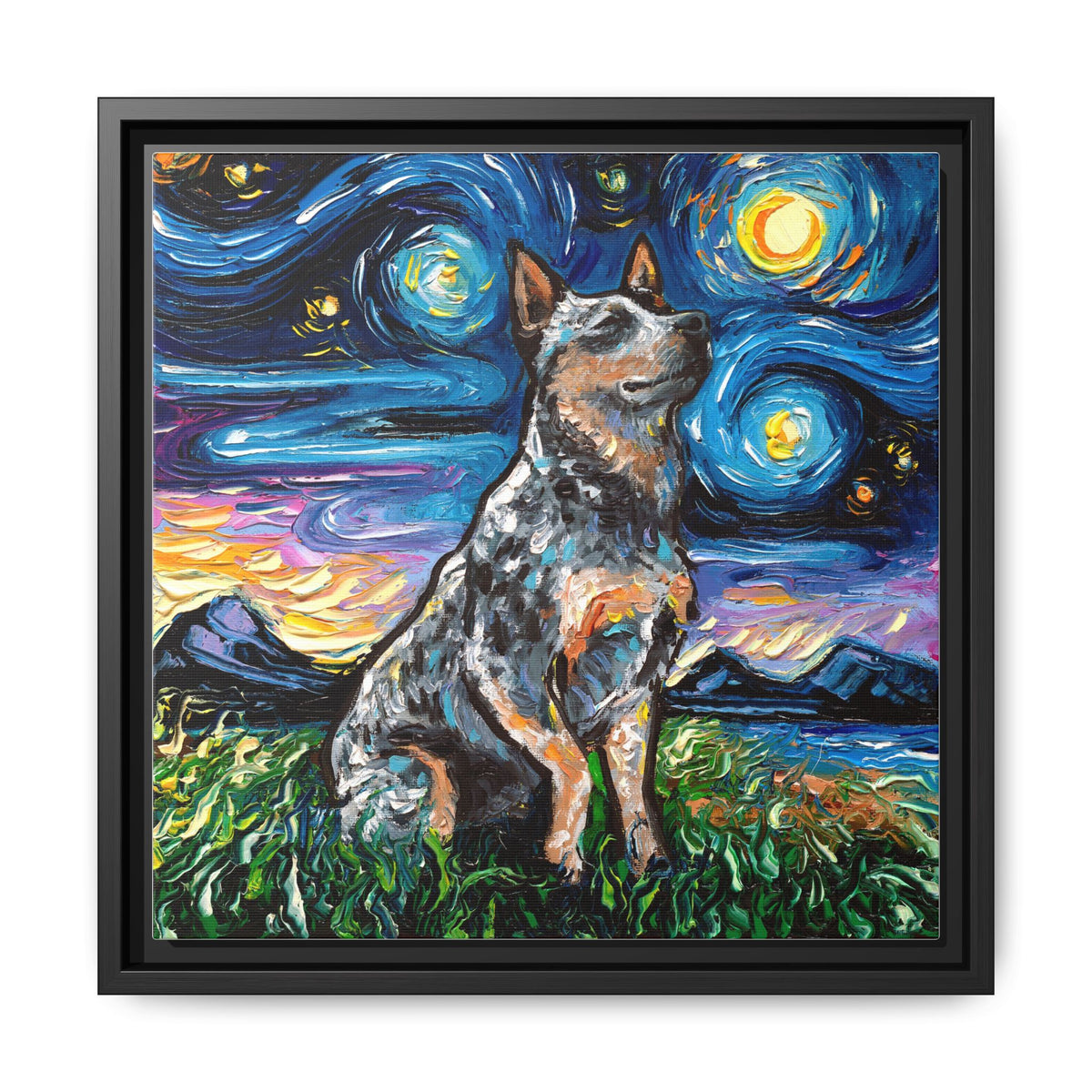 "Blue Heeler Night" Framed Canvas Wall Art