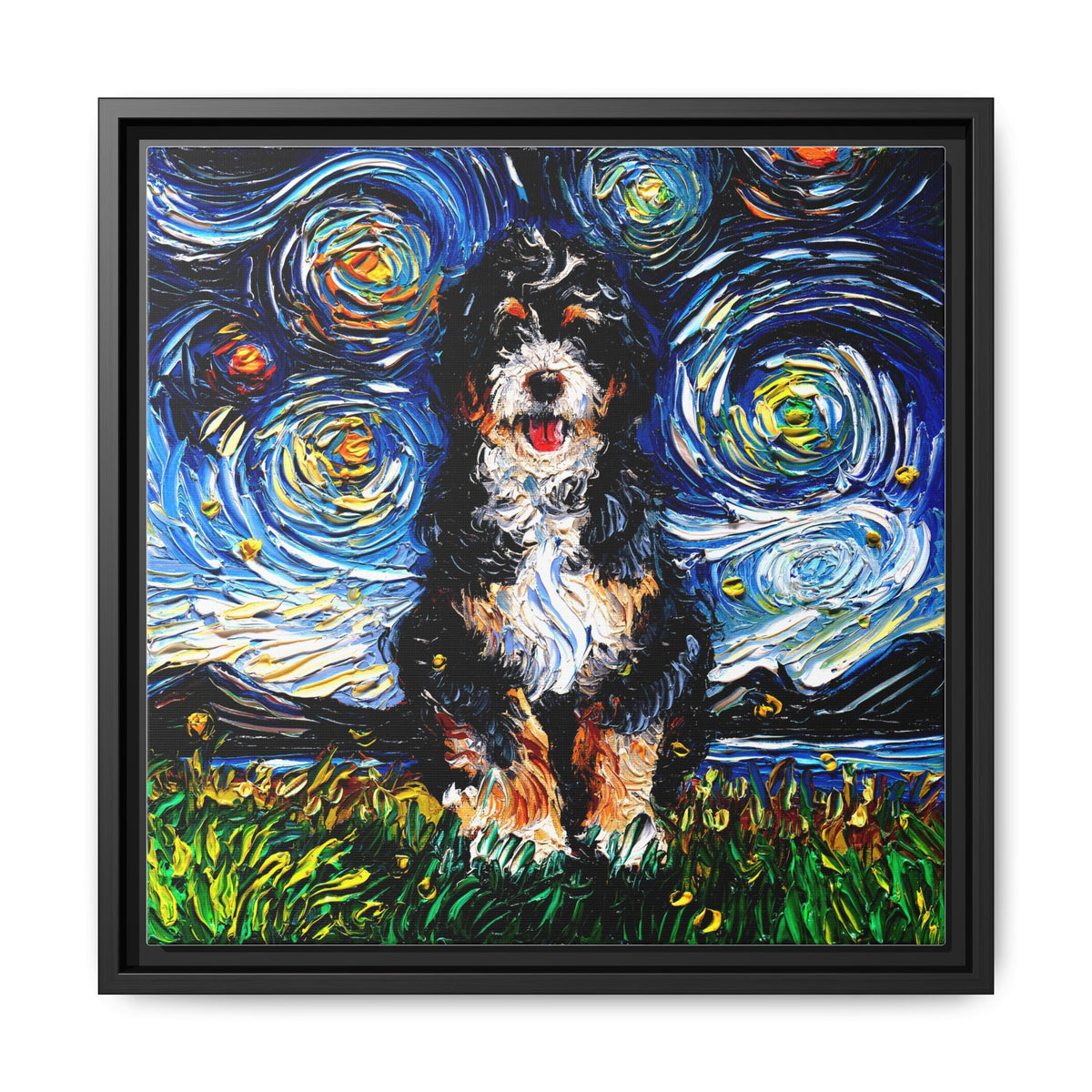 "Bernedoodle Night" Framed Canvas Wall Art