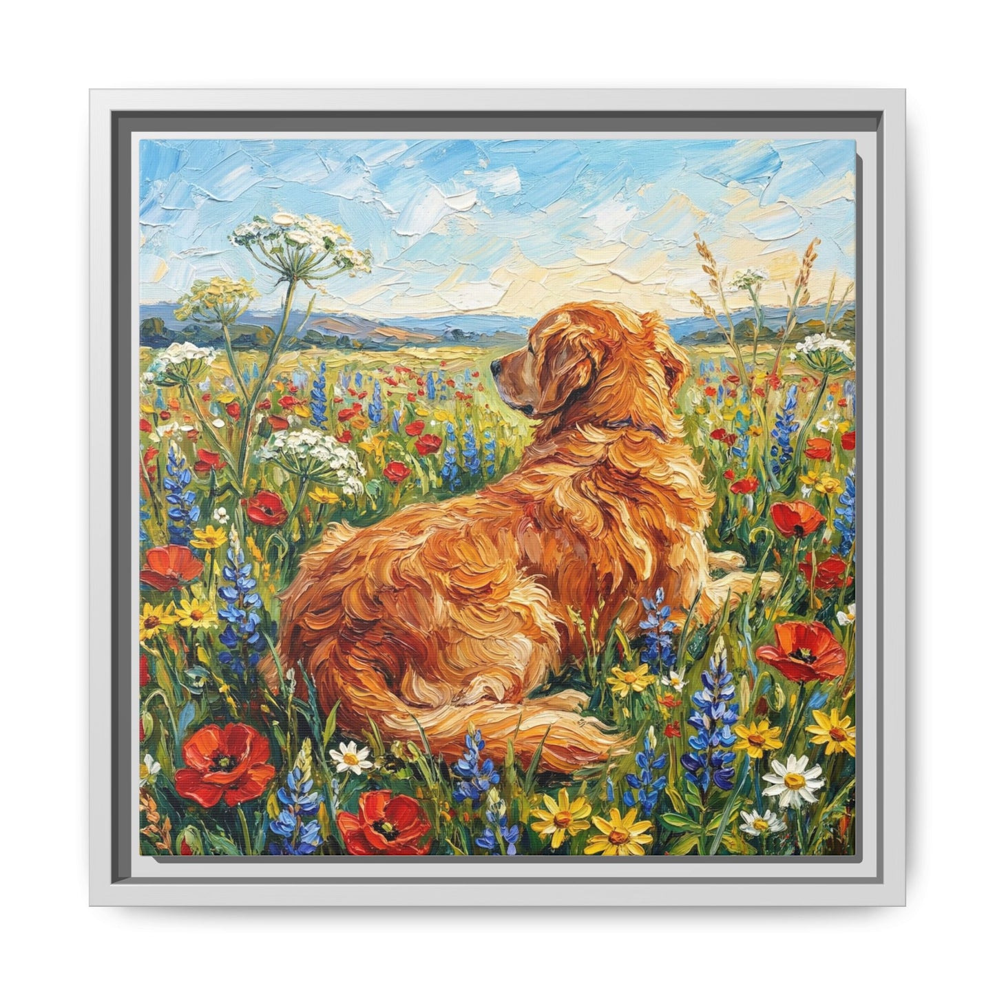 "Amongst The Flowers - Golden Retriever" Framed Canvas Wall Art